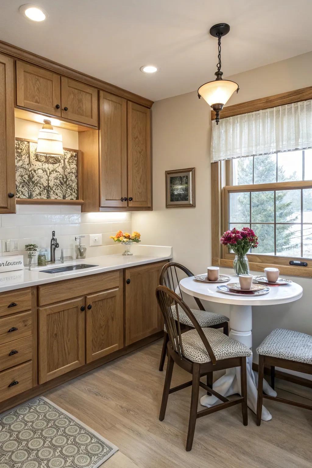 A cozy nook adds warmth and comfort to the oak and white kitchen.