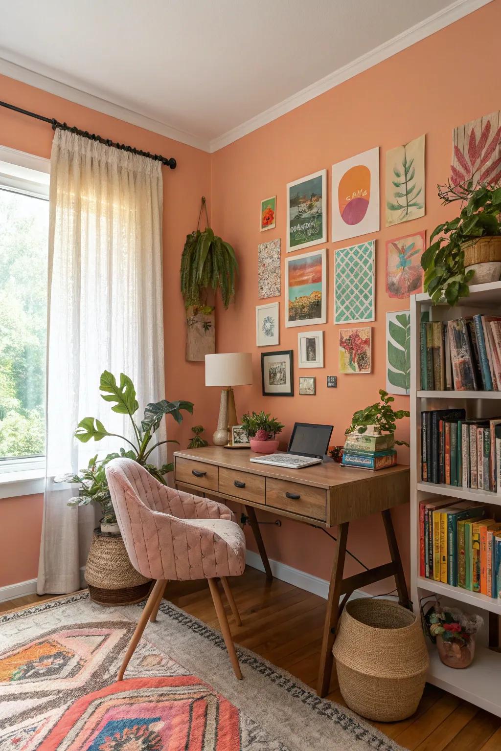 Peach walls bring warmth and cheer to your office.