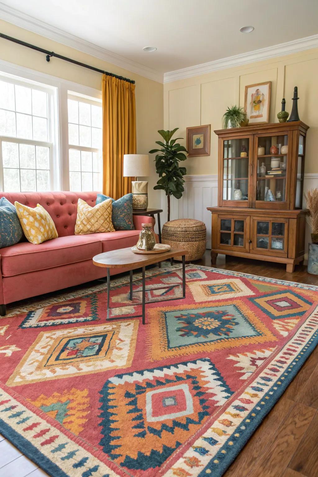 A statement rug anchors and unifies the space.
