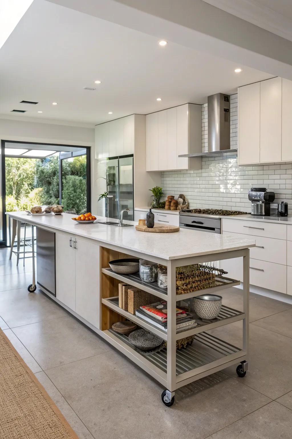 A movable island provides flexibility and adaptability in kitchen design.