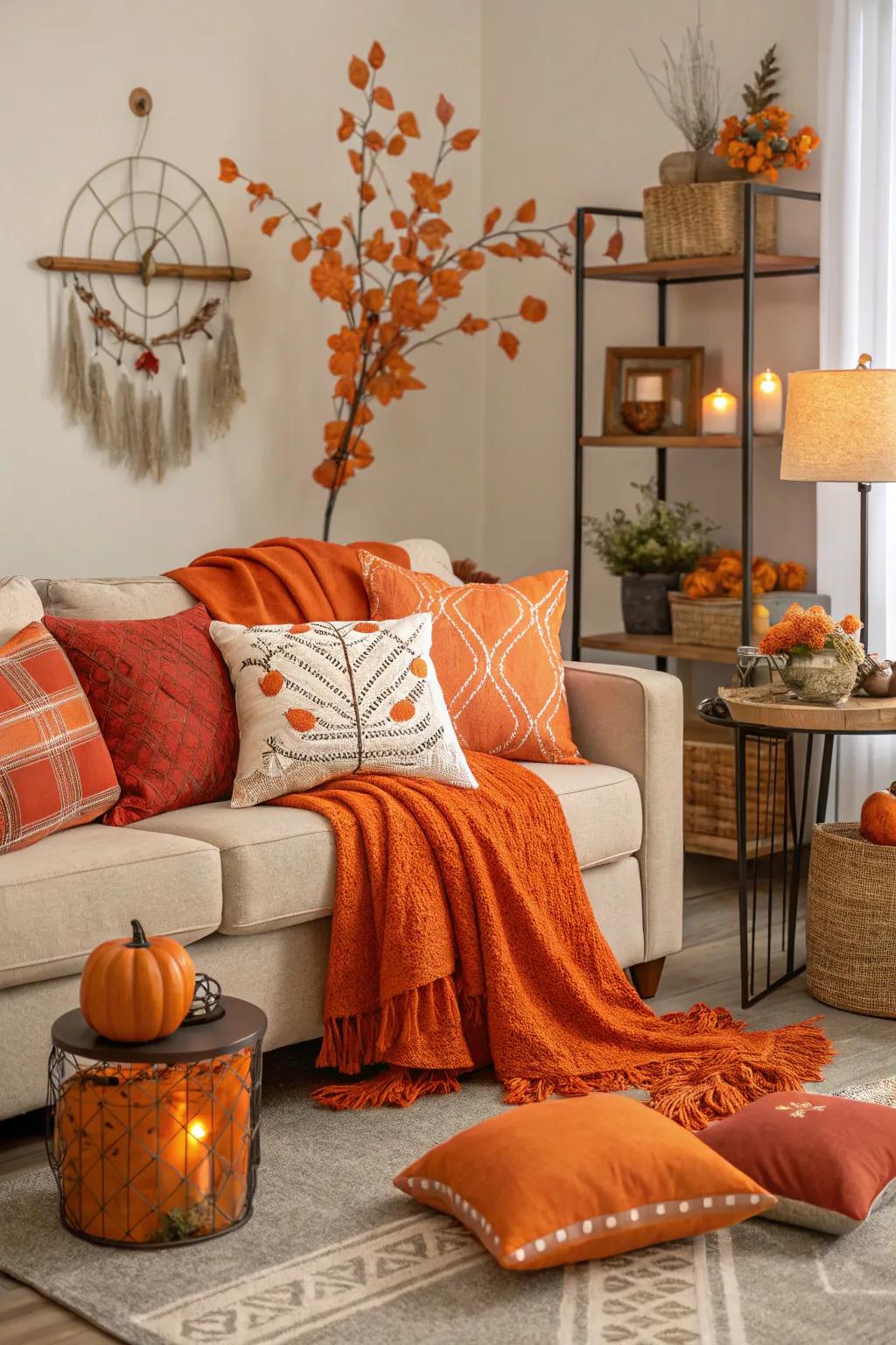 Seasonal orange decor upholds a refreshing and vibrant ambiance in the living room year-round.