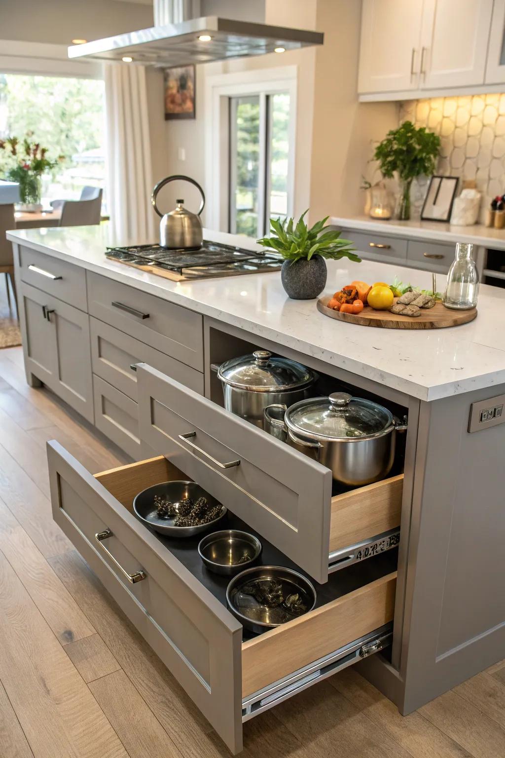 A kitchen island reimagined to include pot and pan storage.