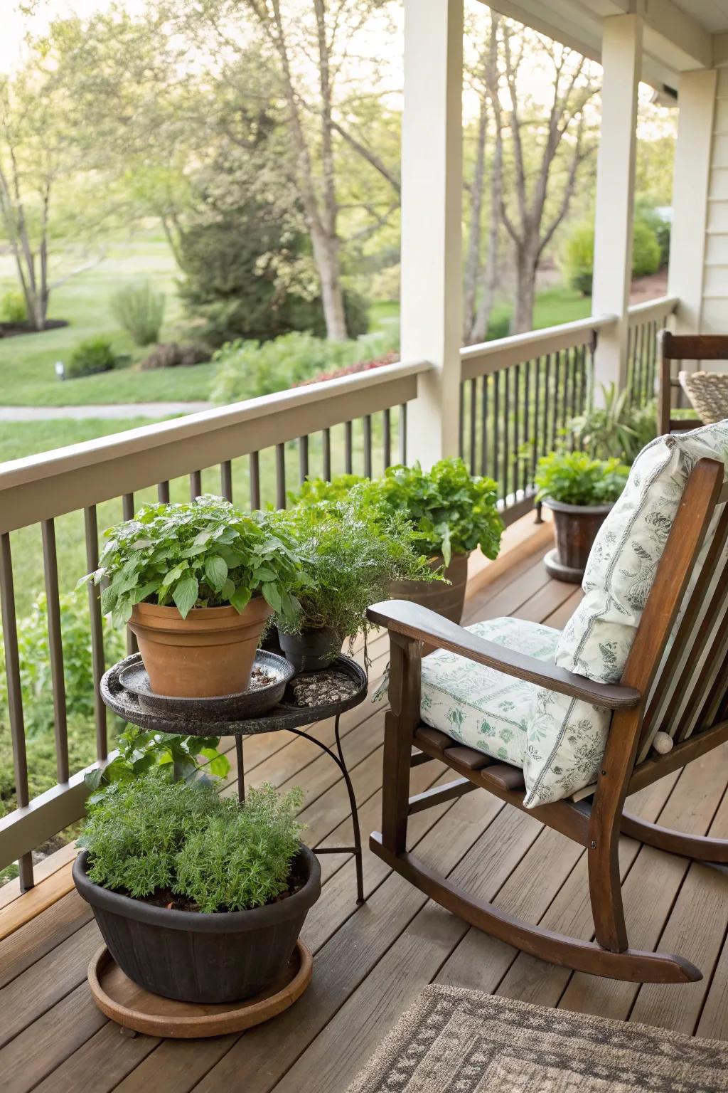 A herb garden adds greenery and practicality to this porch.