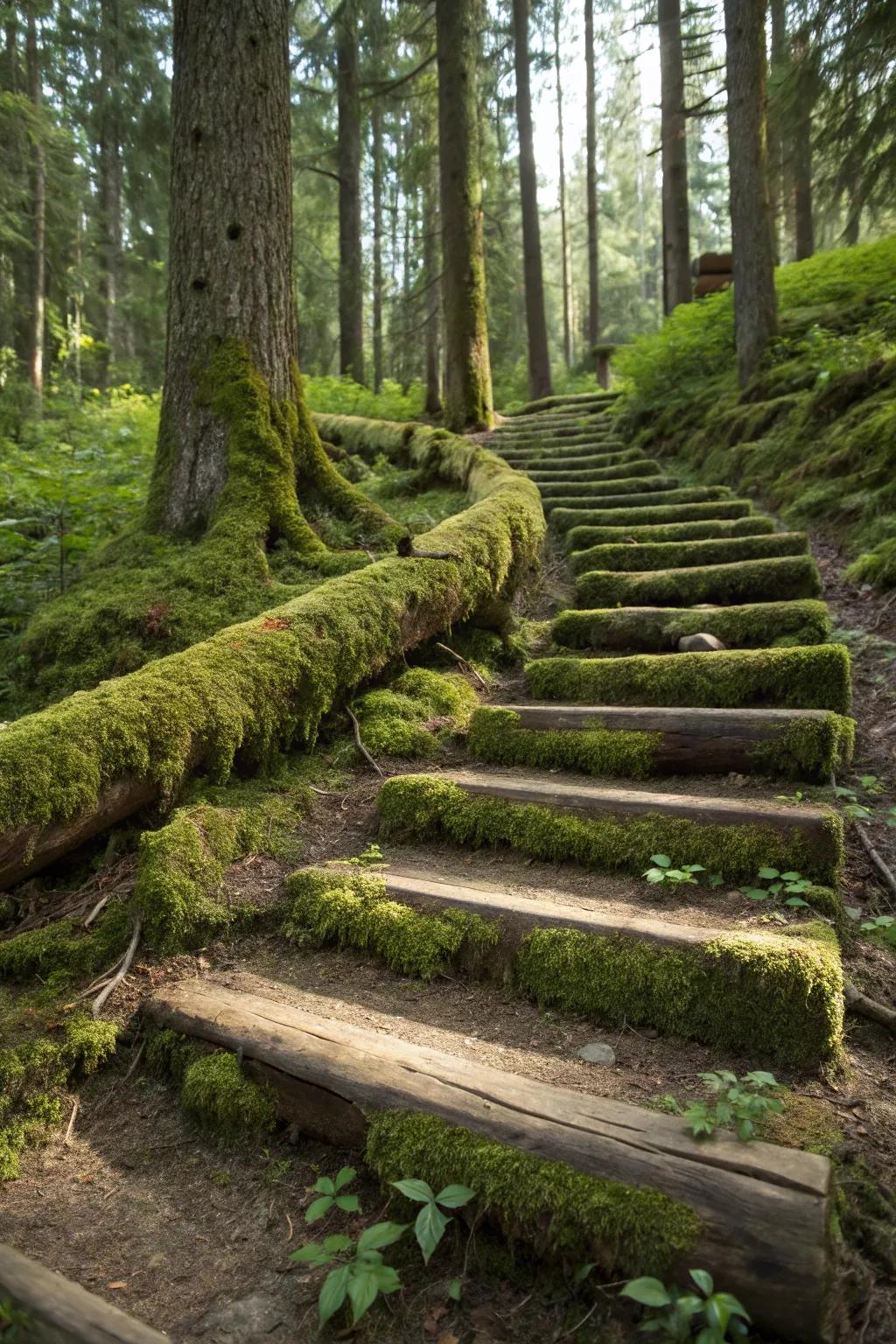Mossy log steps merge forest beauty with functional garden design.