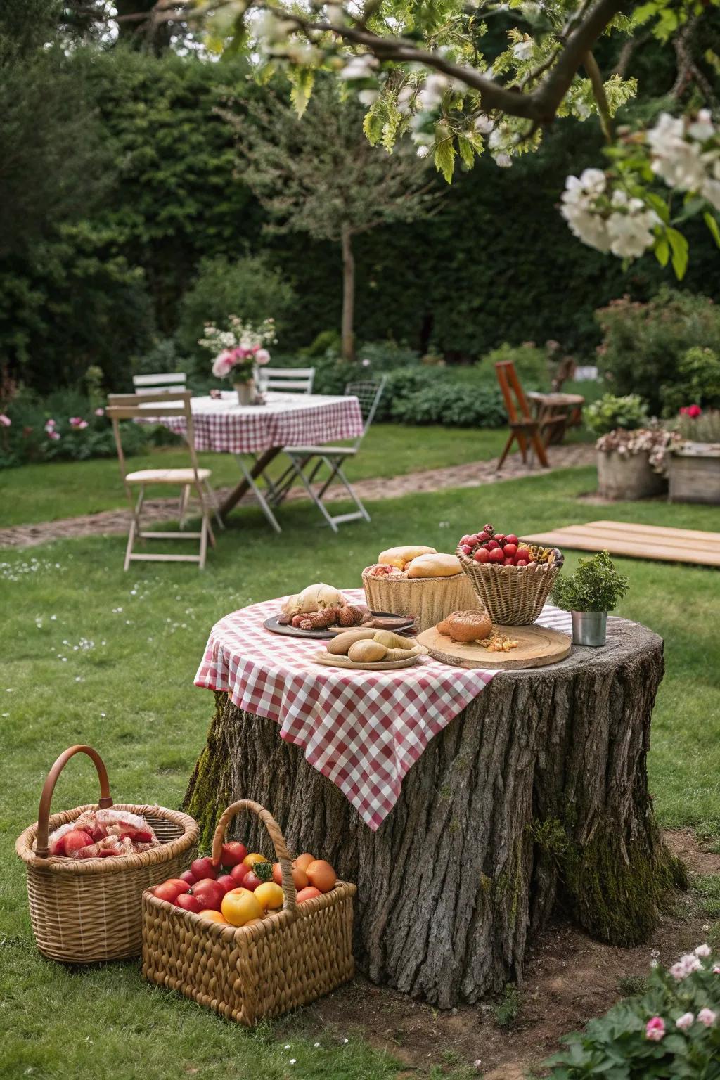 A stump-turned picnic table is a quaint spot for outdoor meals.