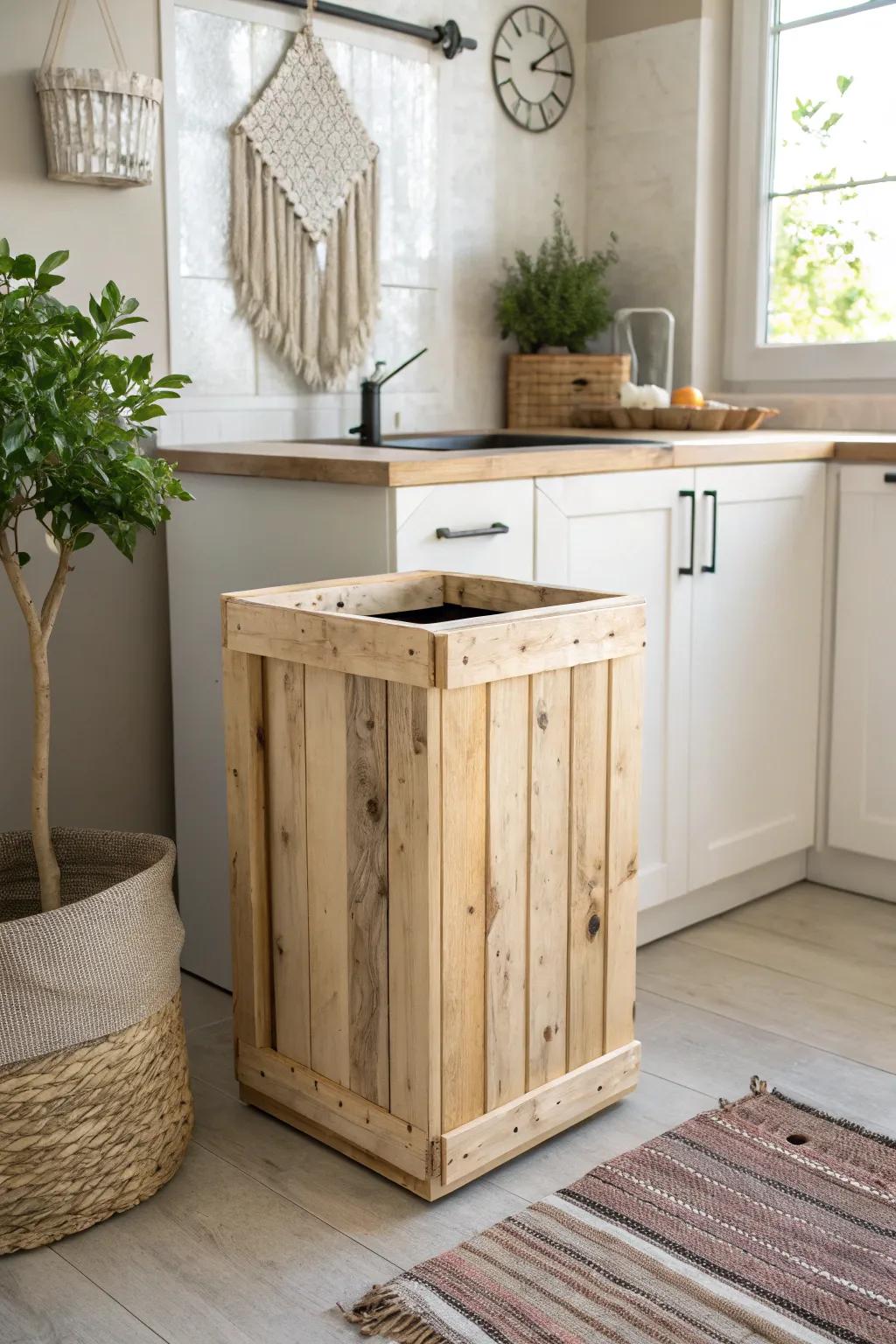 Elevate your kitchen decor with a chic pallet trash bin holder, blending minimalist design and natural beauty.