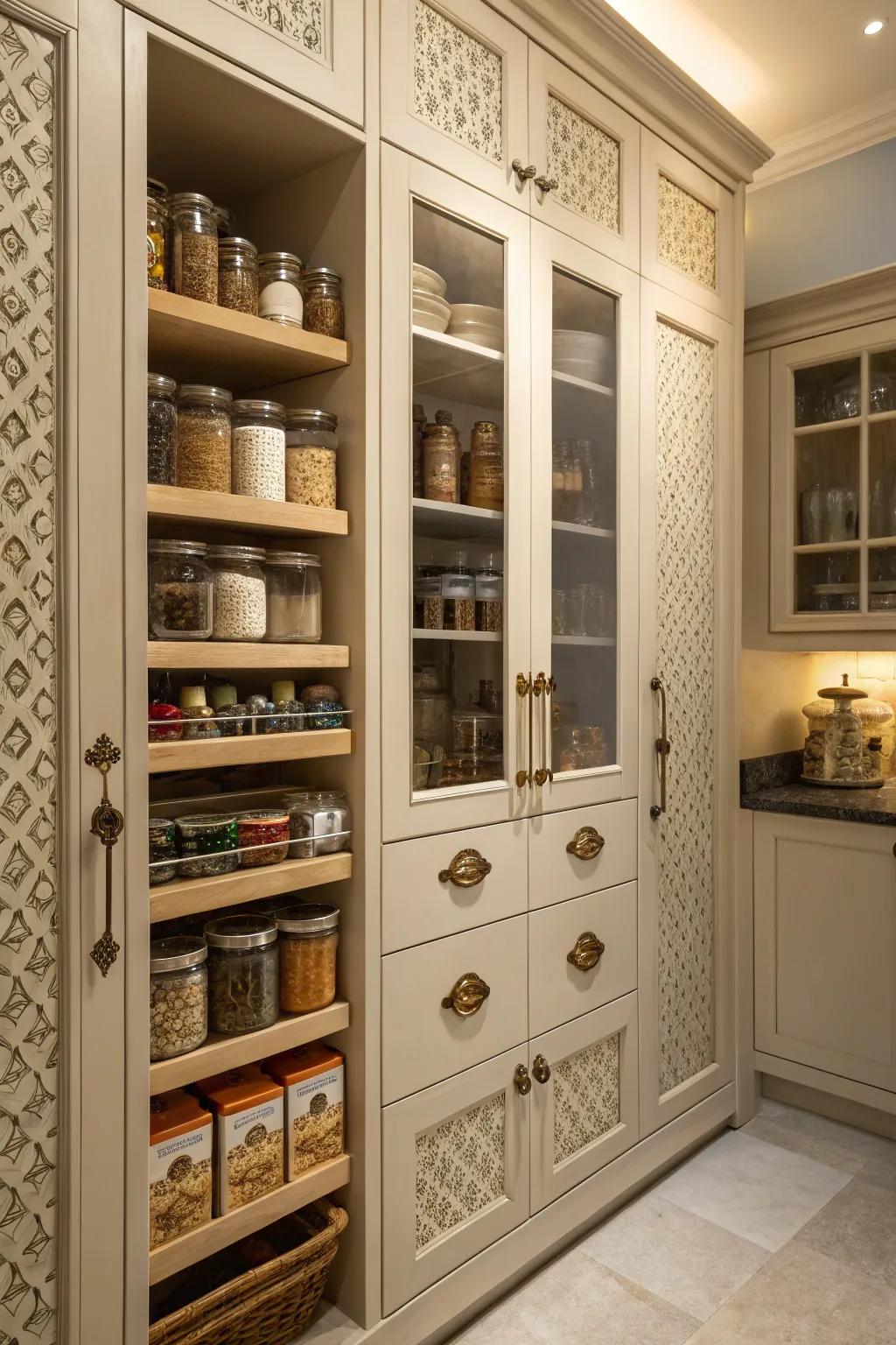 A pantry highlights unique hardware that adds a personal touch.