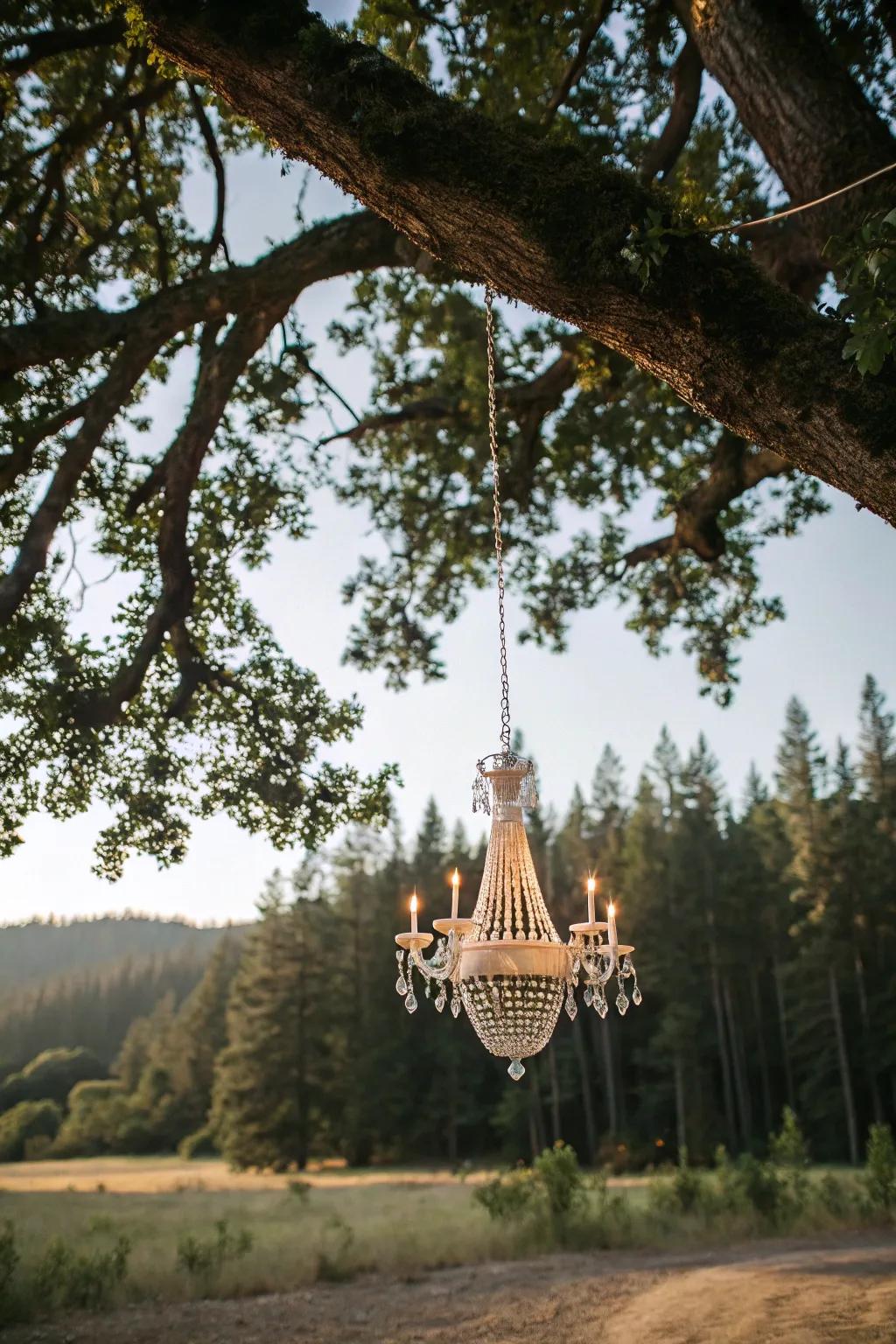 A chandelier contributes unexpected elegance to the outdoor setting.