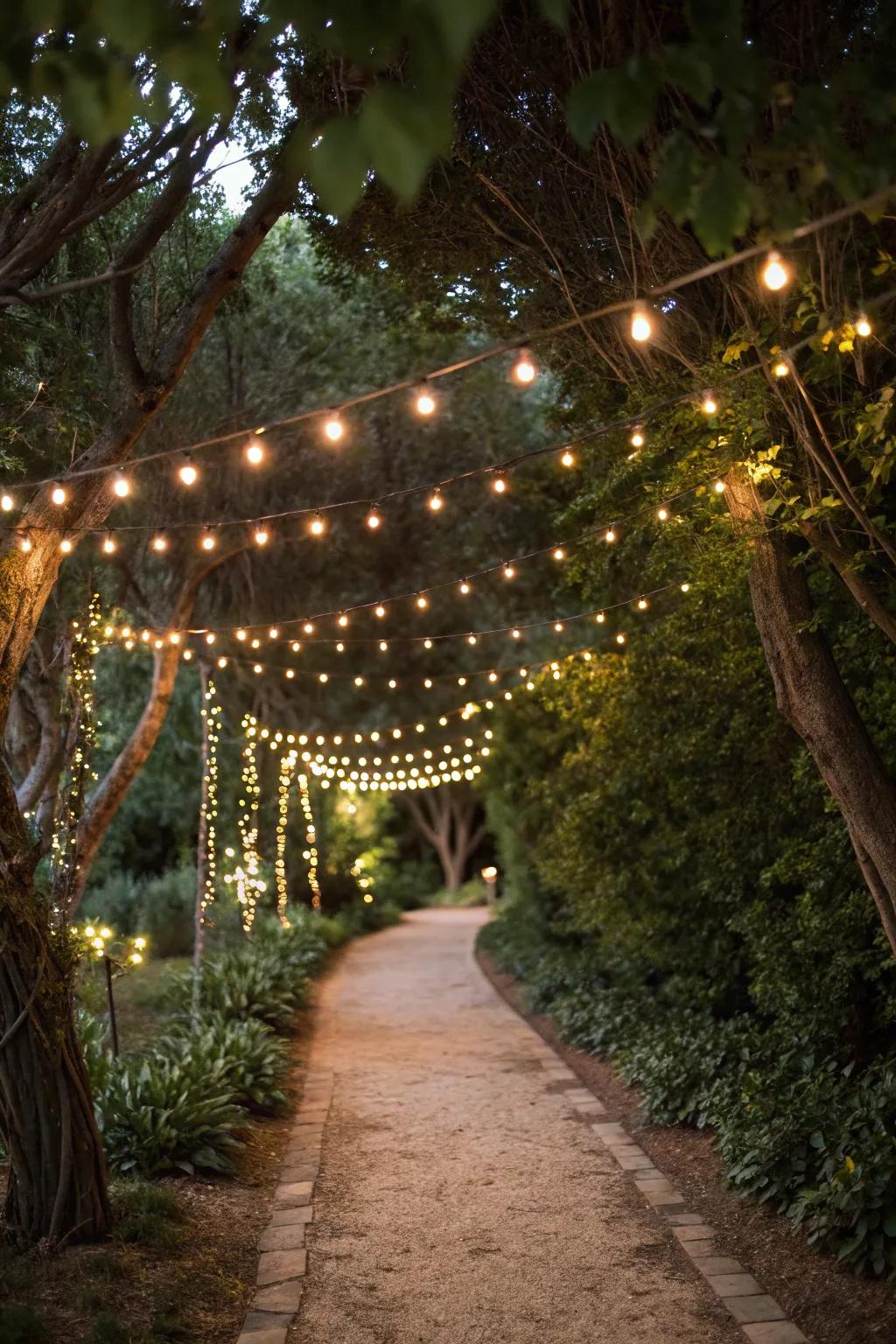 String lights form a magical curtain of light over garden paths.