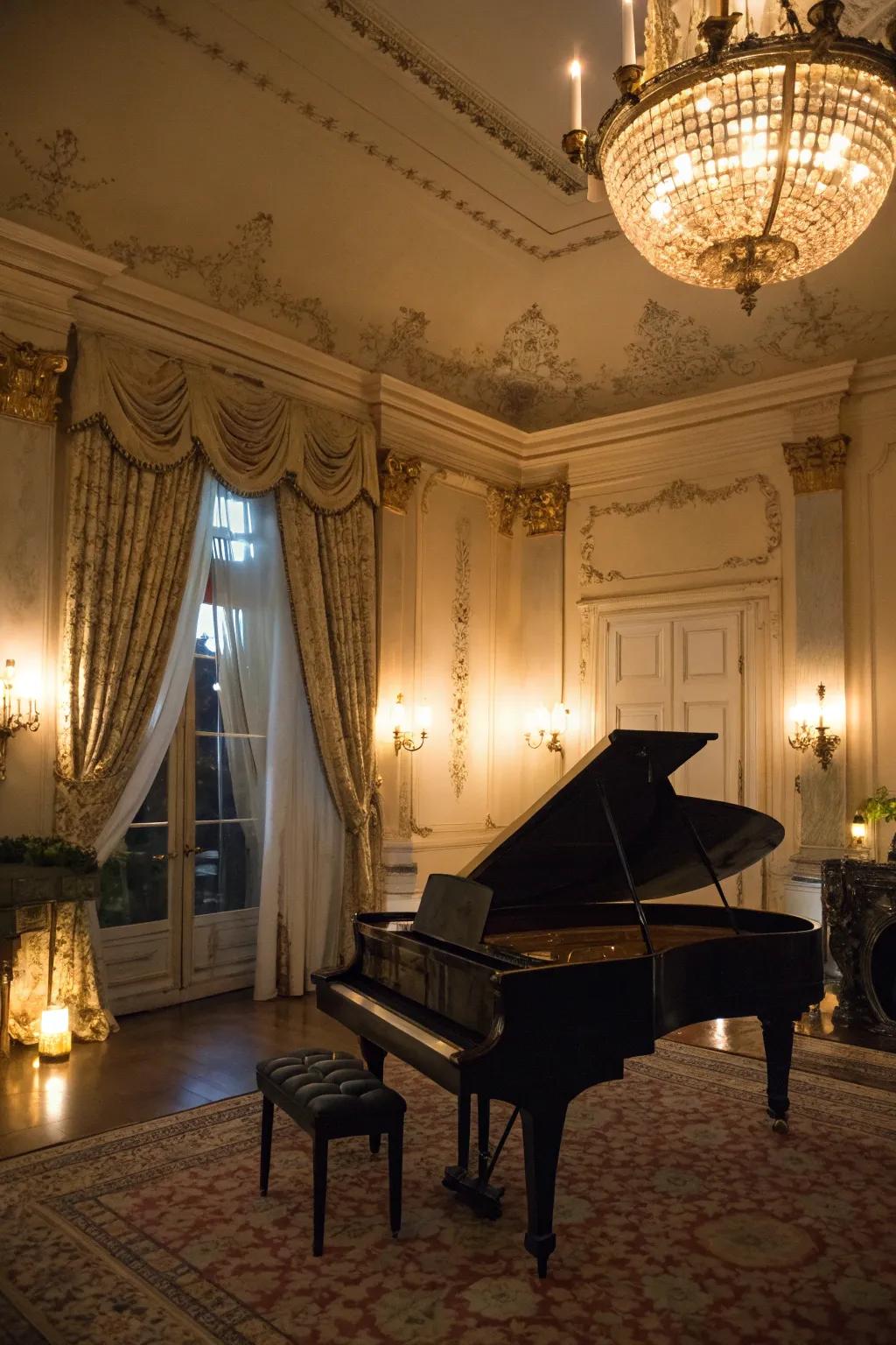 Decorative lighting highlights the piano and sets the mood.