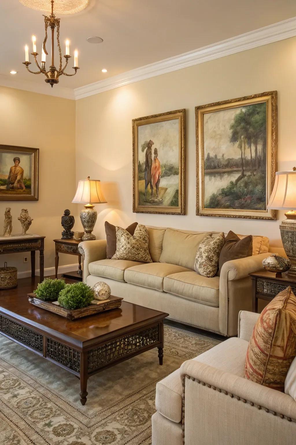 Color coordination creates harmony in your art display.