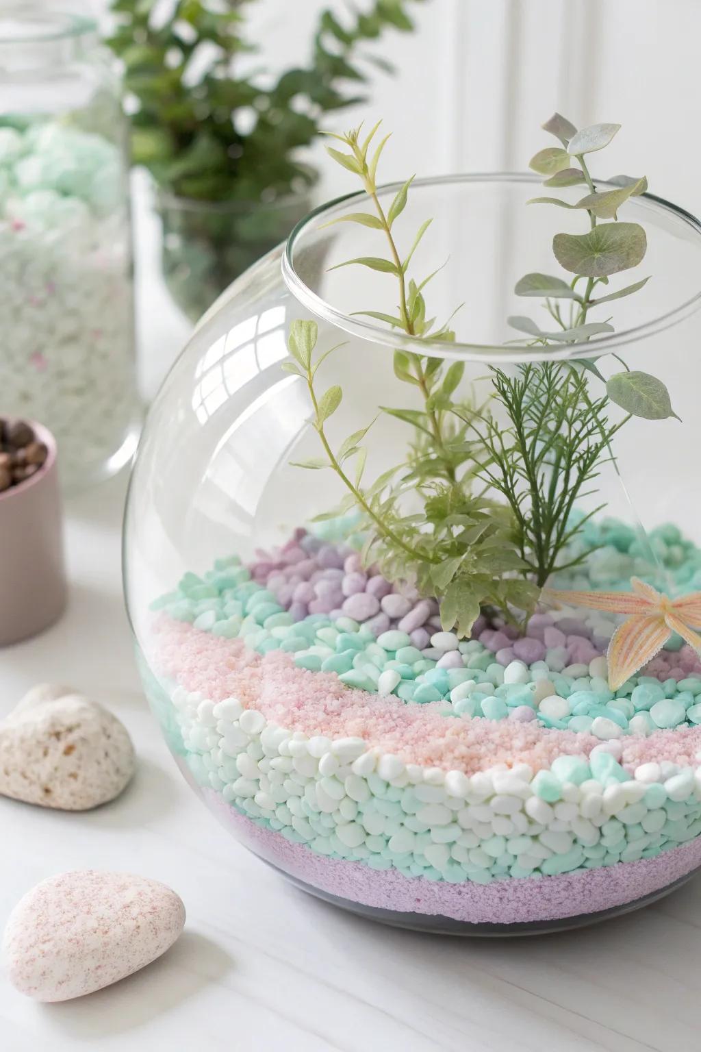 Elevate your fish tank aesthetic with a soothing pastel gravel mix for a touch of minimalist charm.