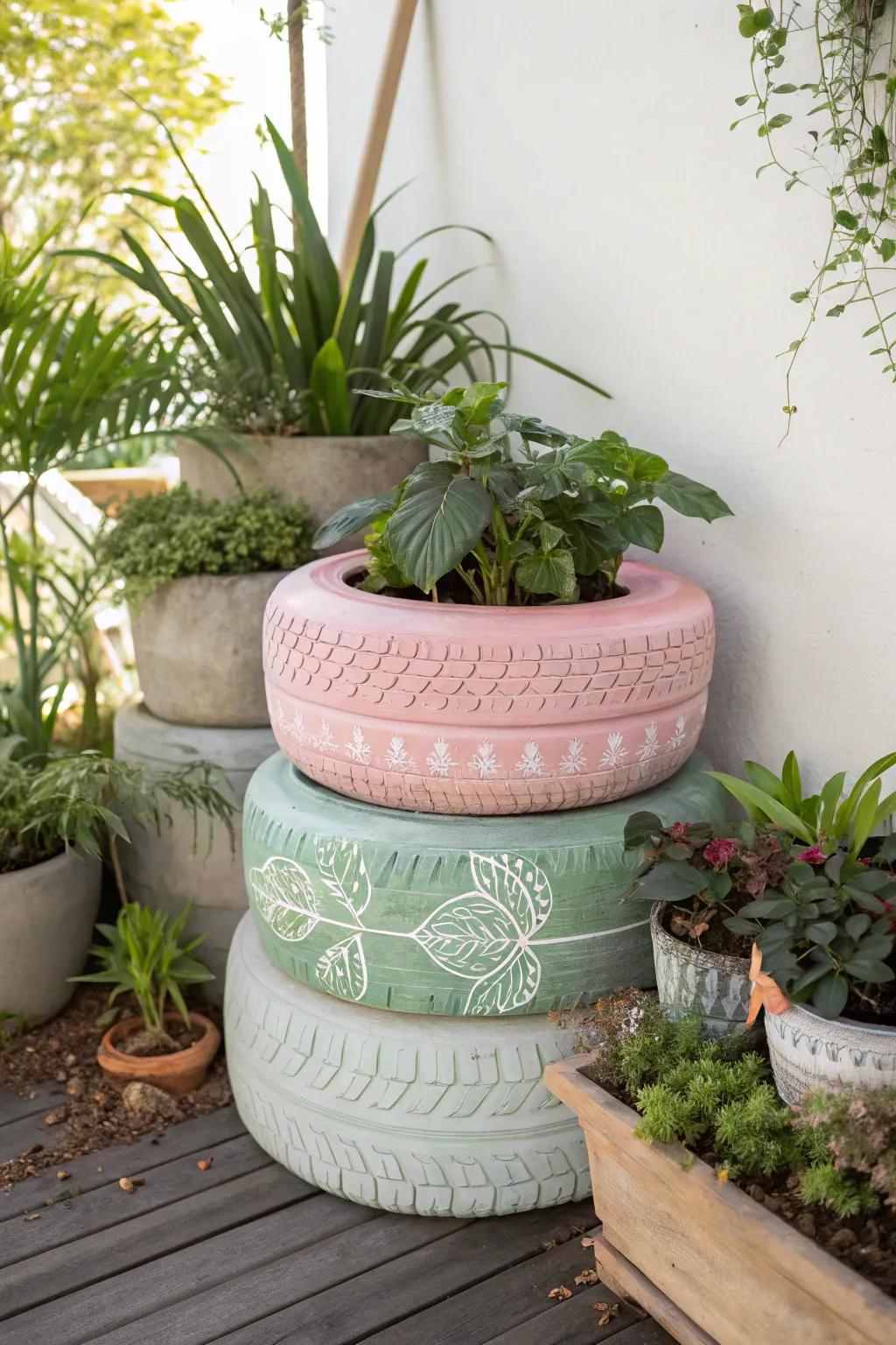 Transform old tires into chic planter boxes for a sustainable and stylish garden feature.