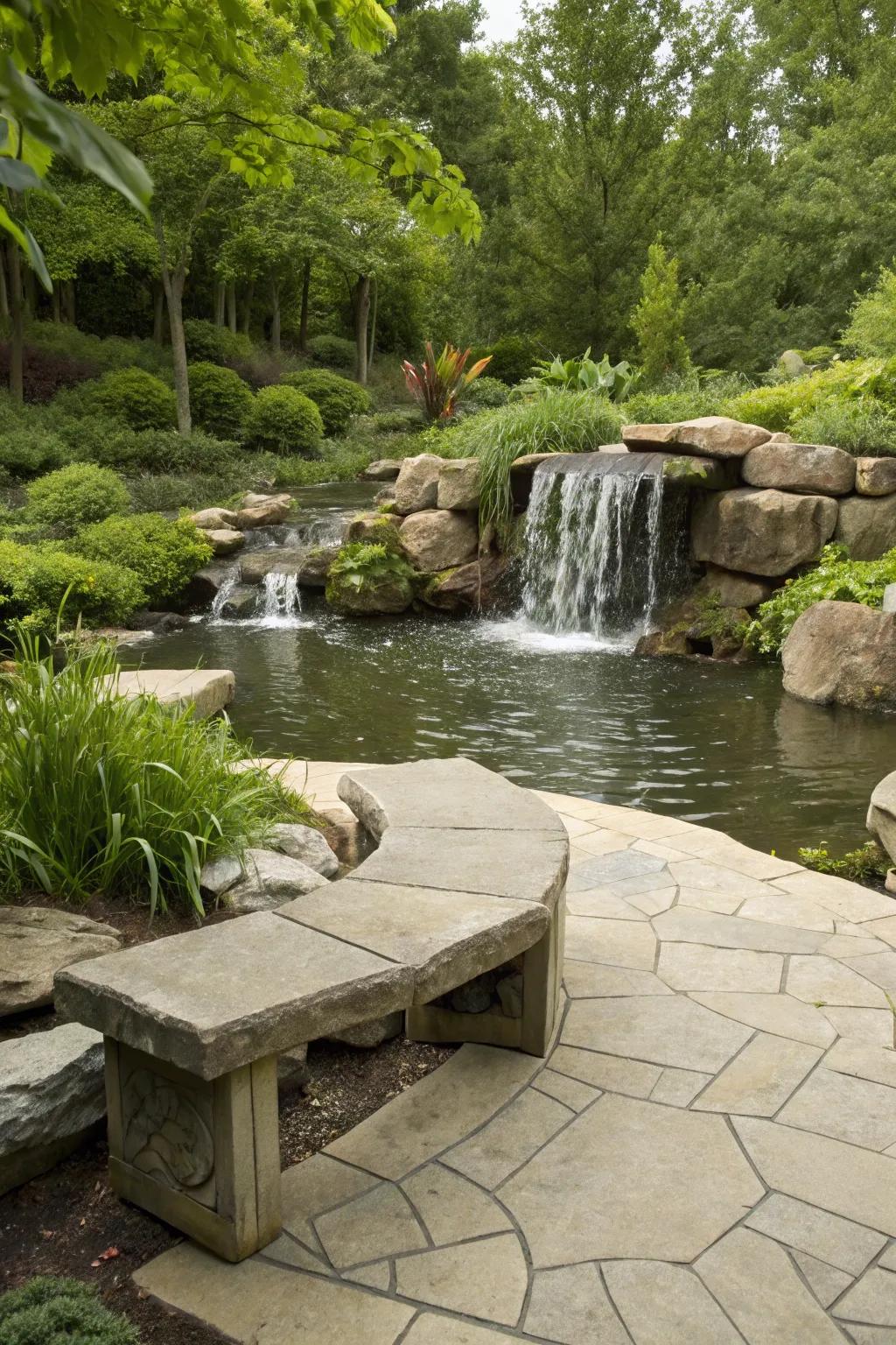 A seating area by a waterfall offers a calming and serene experience.