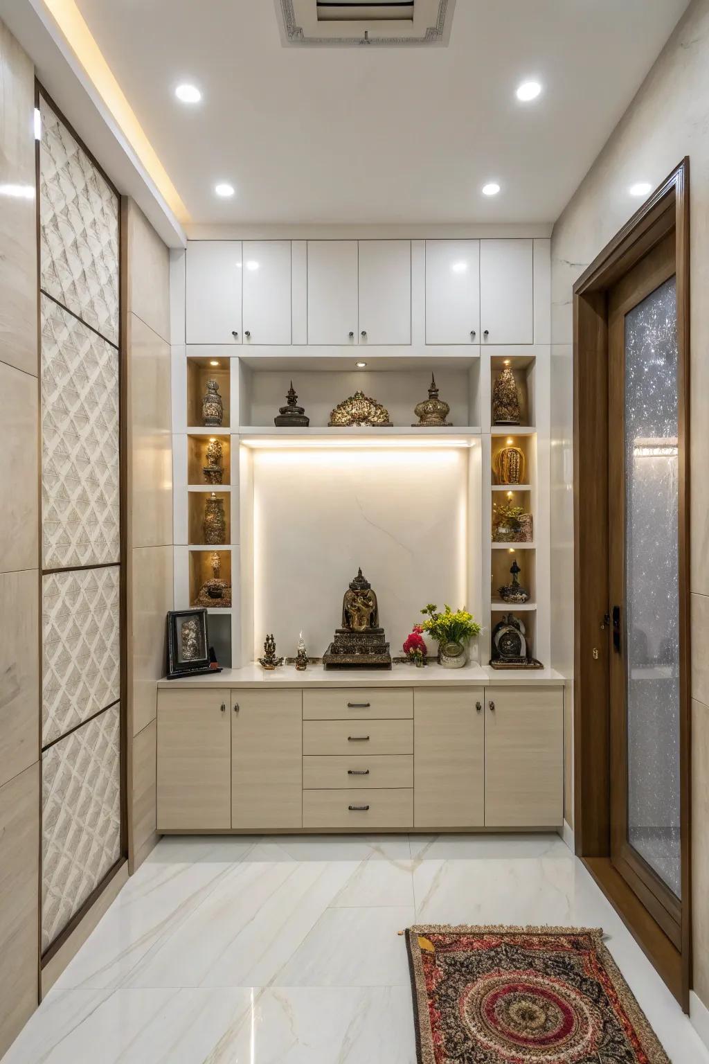 Hidden storage answers keep this pooja room tidy and peaceful.