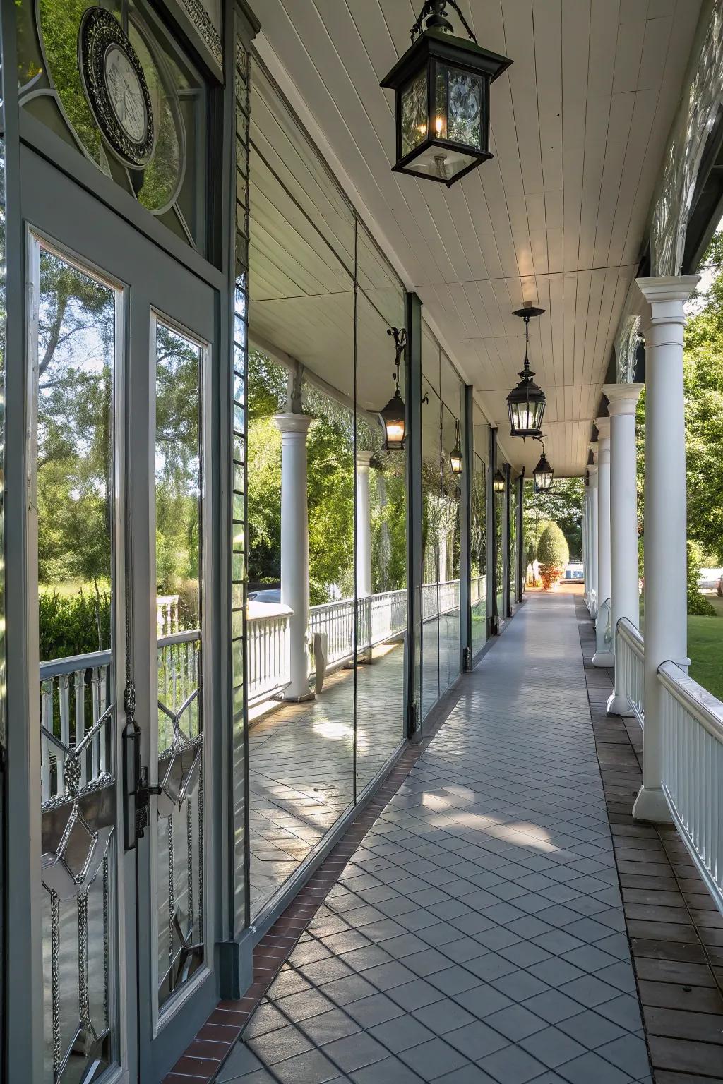 Reflective surfaces add depth and brightness to the porch.