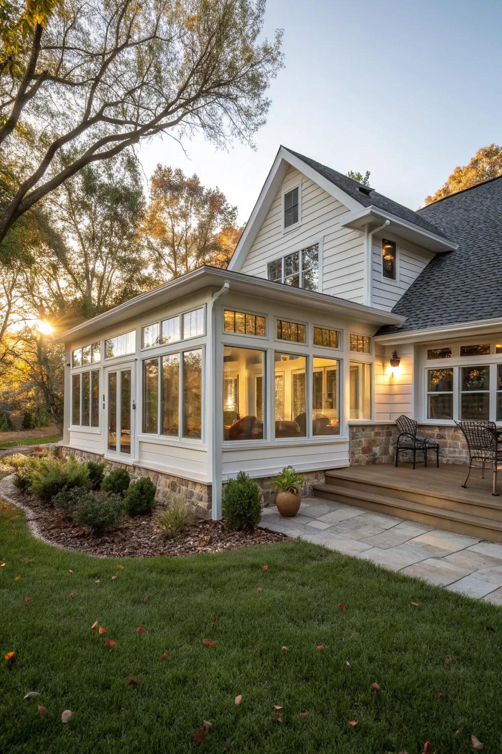 A sunroom addition offers extra space and abundant light in this expanded ranch house.