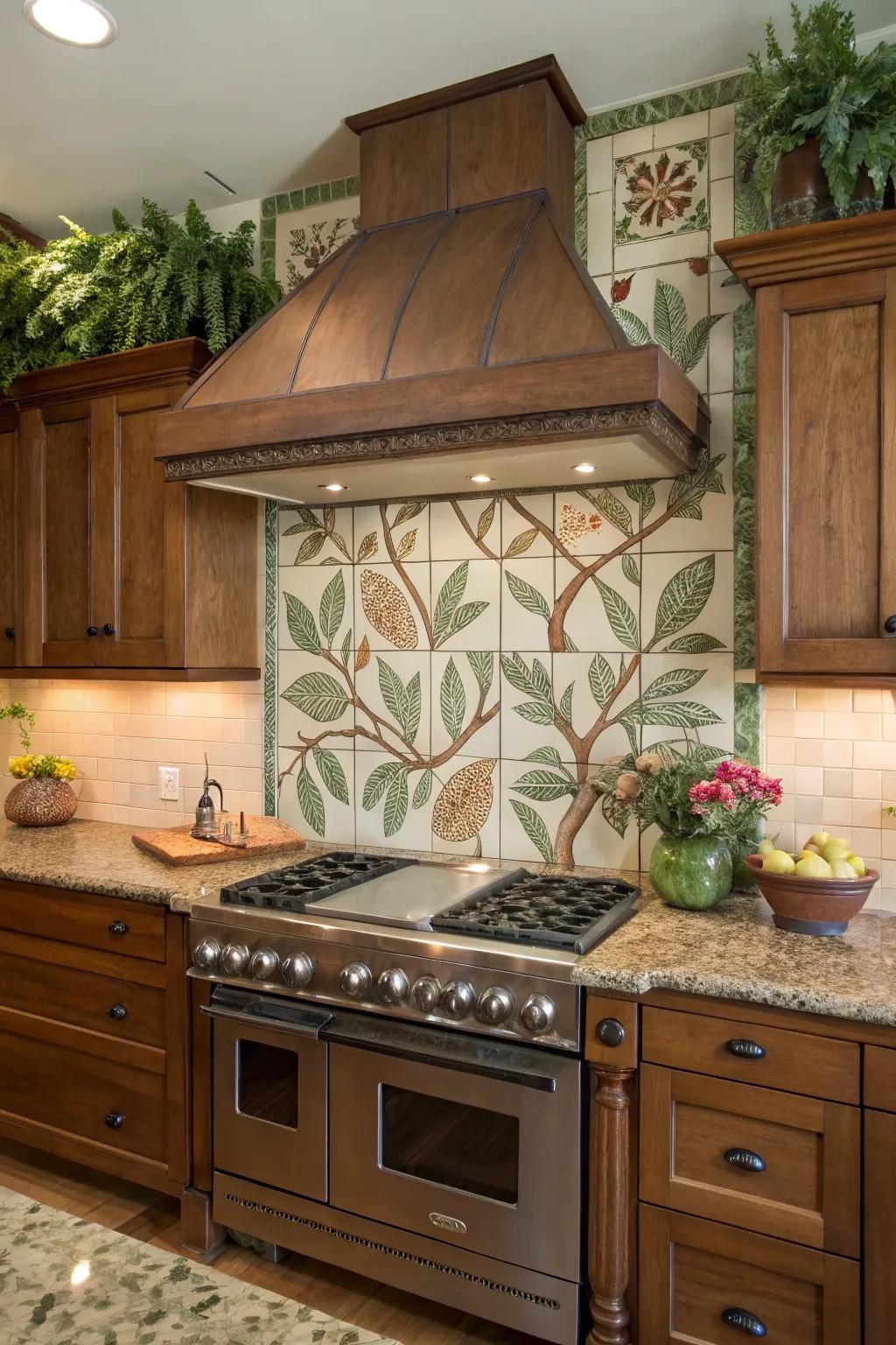 A kitchen featuring a nature-inspired tile splash guard with an earthy vent hood for outdoor vibes.