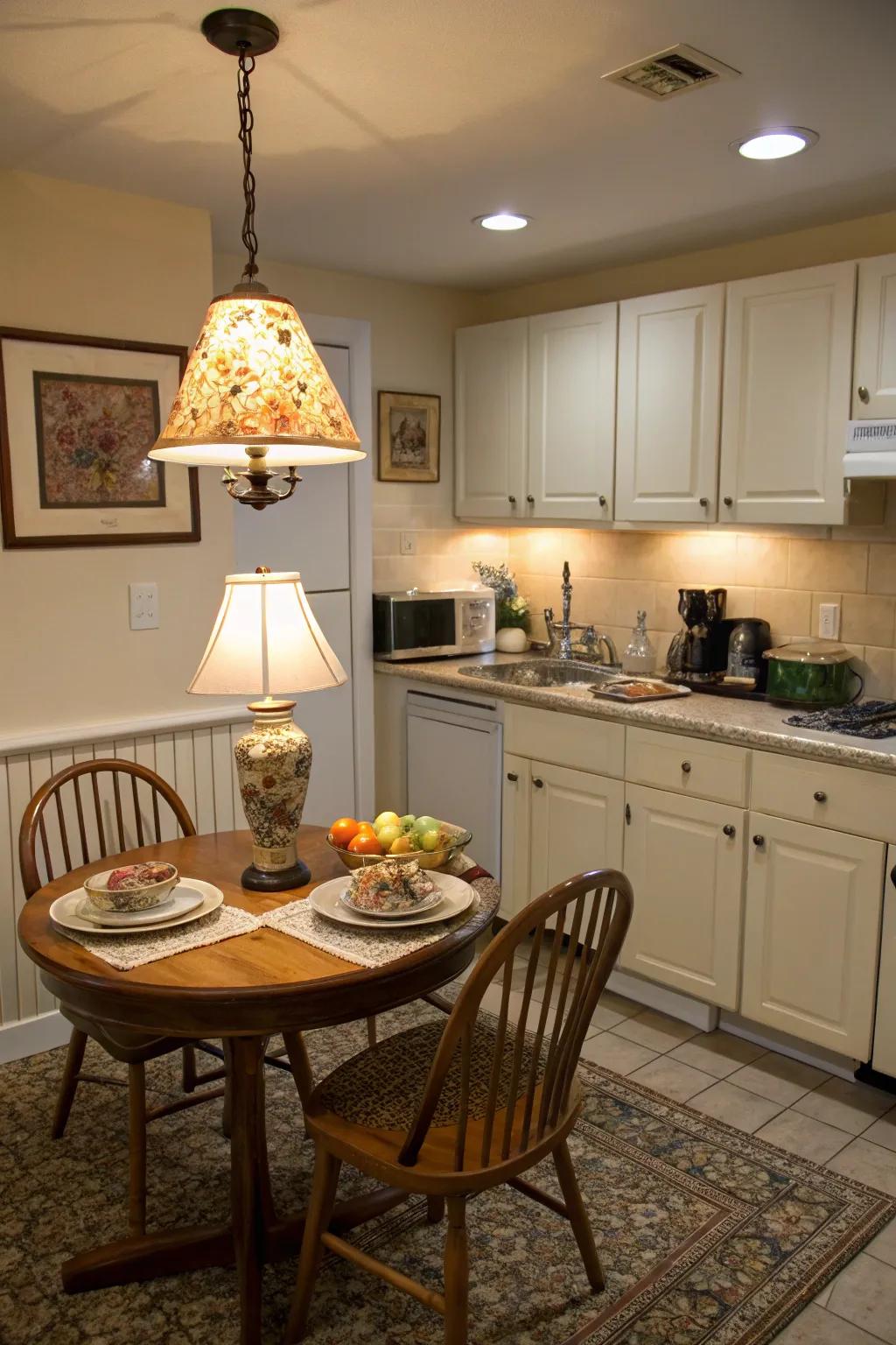 Table lamps add a cozy touch to the kitchen ambiance.