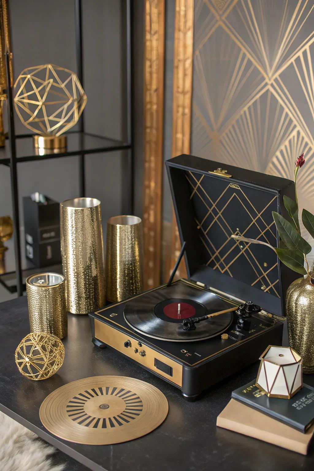 Art Deco glamour in a record player setup.