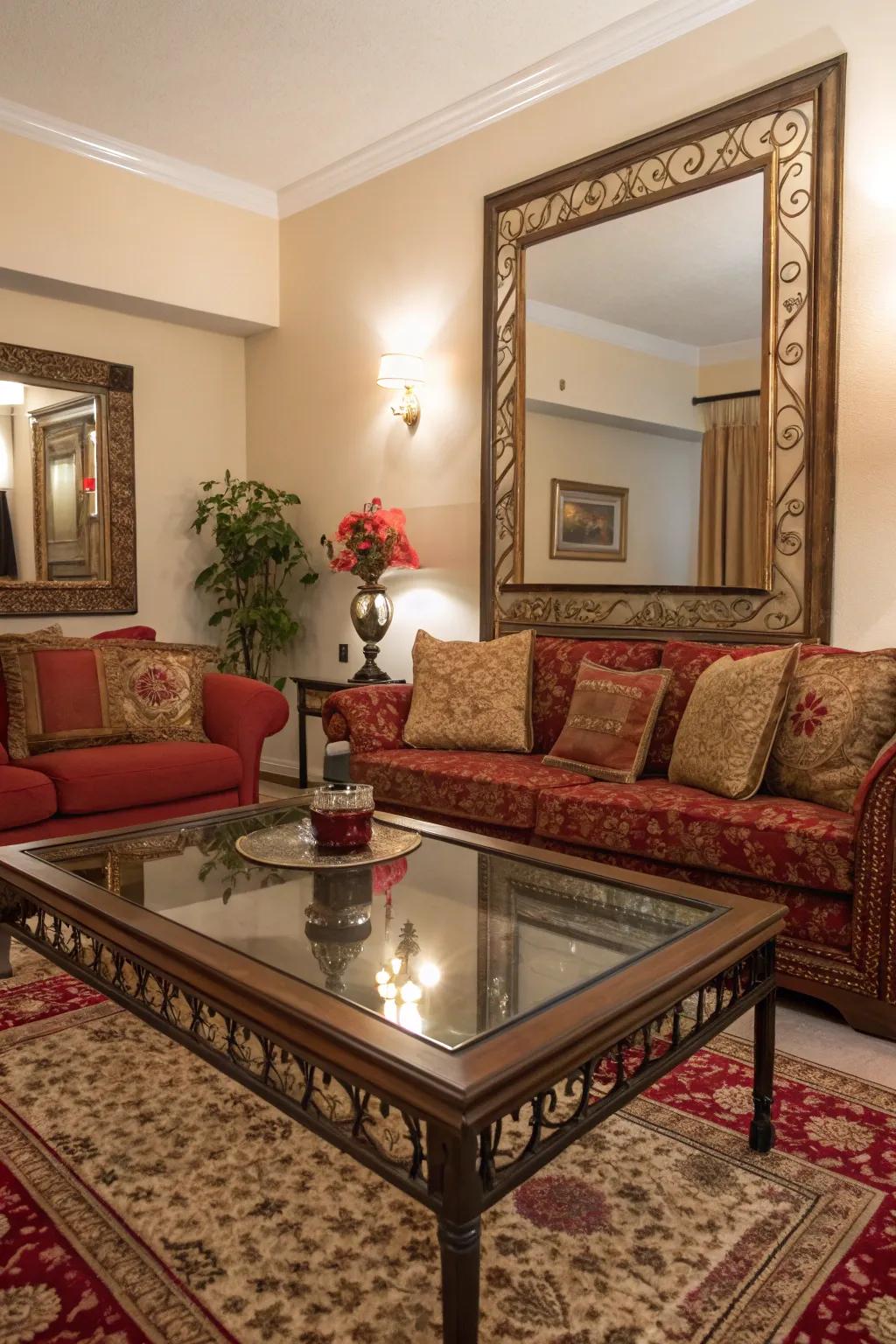 Reflective surfaces add light and dimension, enhancing spaciousness.