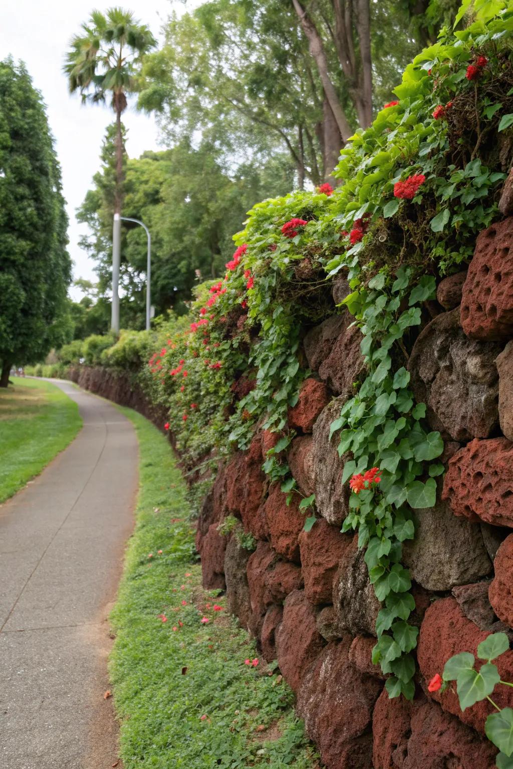 A DIY rock wall with red lava rocks adds character and depth to the garden.
