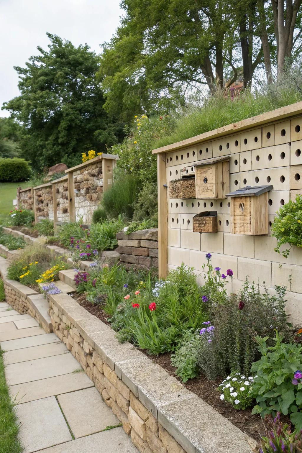 A supporting structure cleverly integrated with habitats, encouraging garden biodiversity.