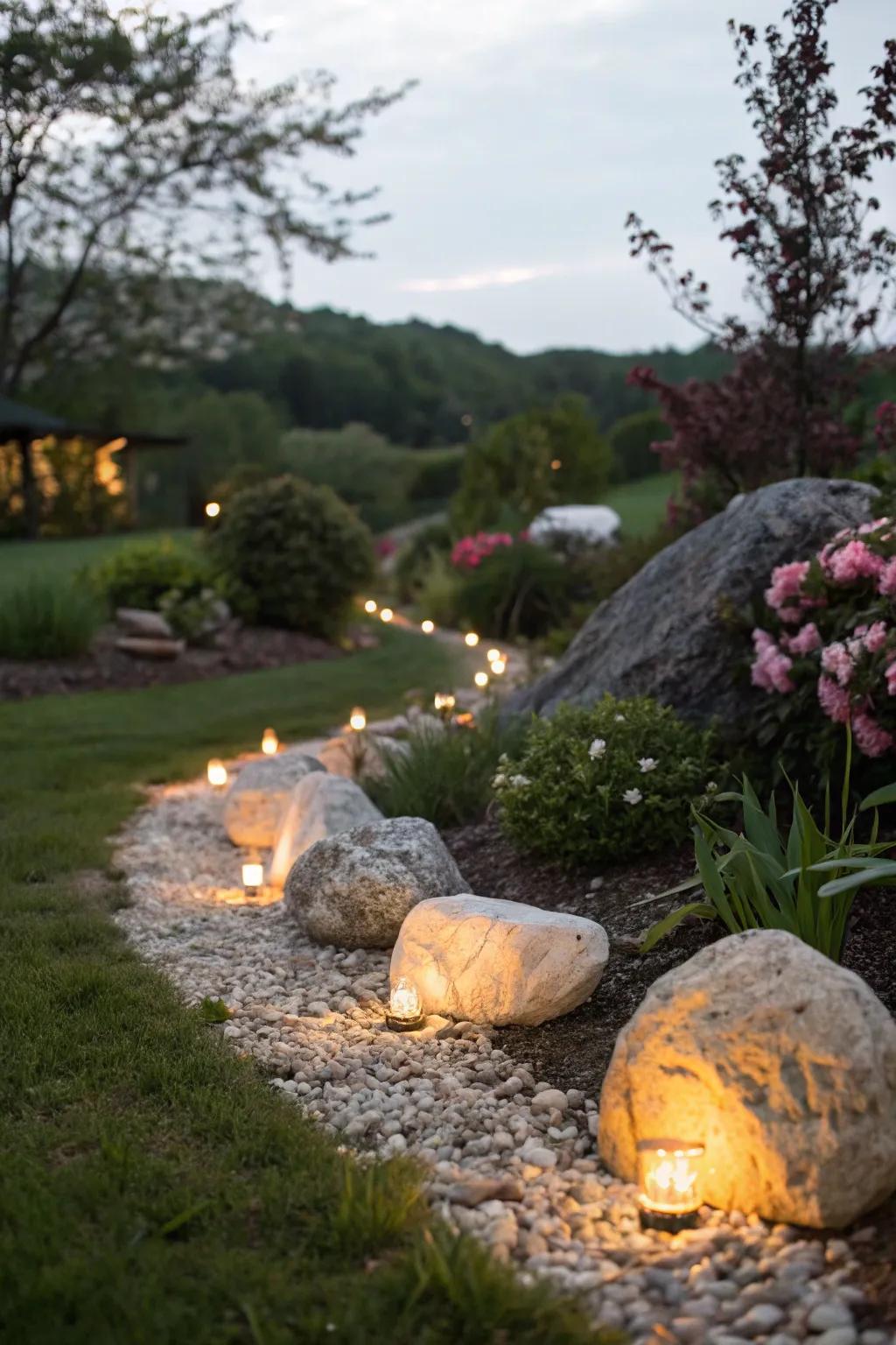 Illuminate your garden with glowing rock features.