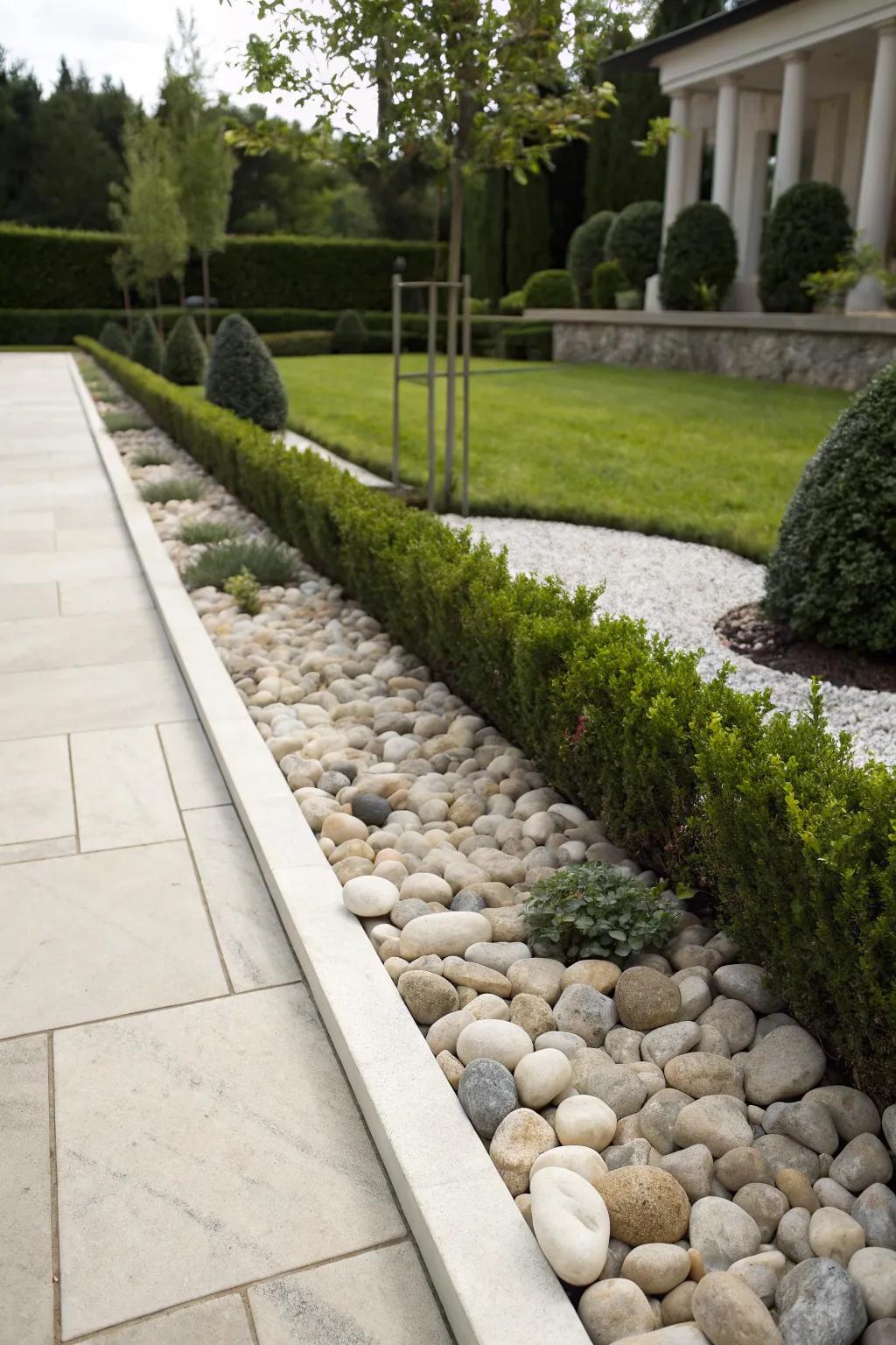 A minimalist garden border defined by a single line of uniform stones.