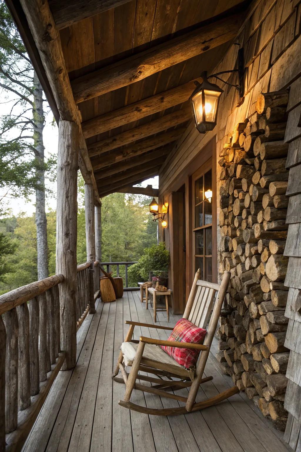 A firewood display combines function with rustic charm.