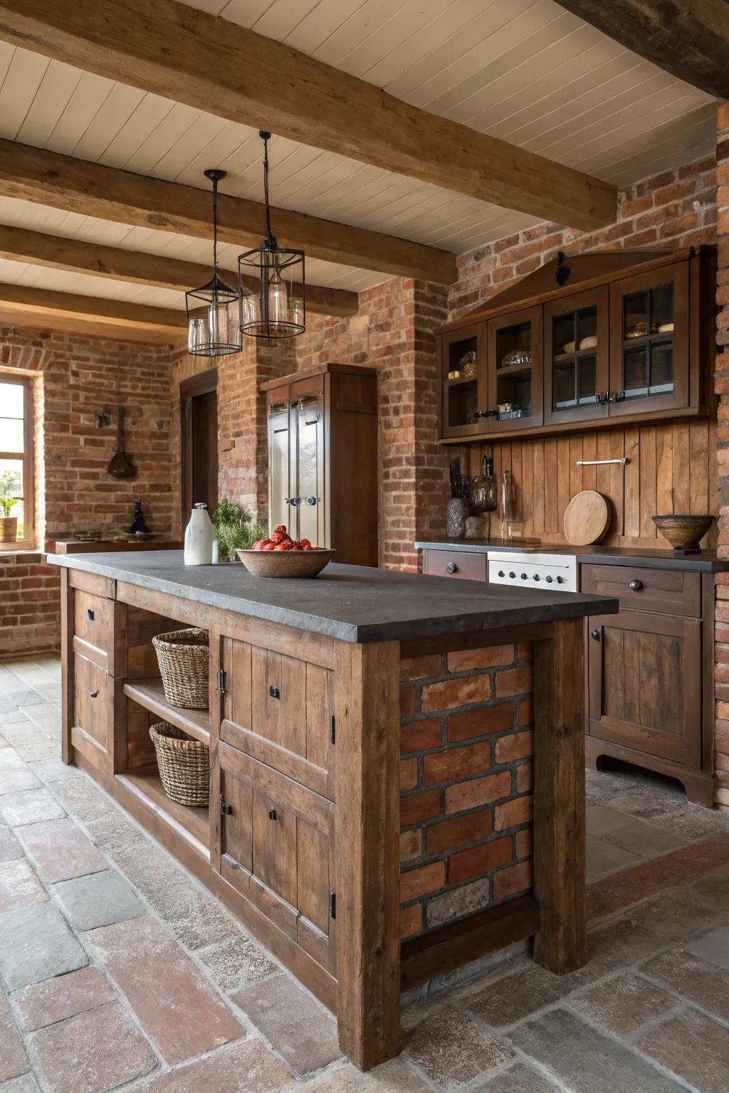A farmhouse-style cooking space hub enriched with country brick highlights for added charm.