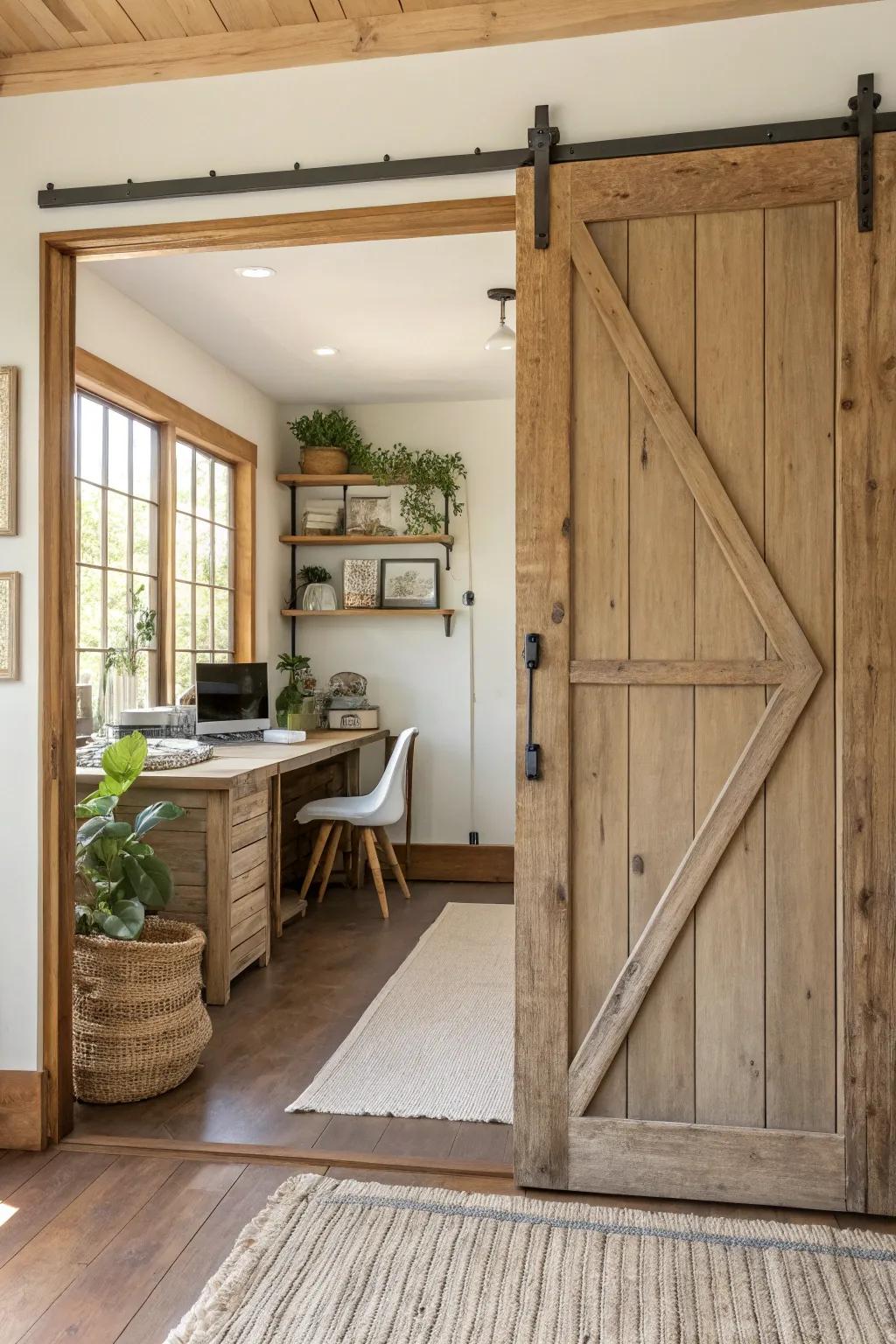 A barn style door adds rural elegance and practicality to your farmhouse office entryway.