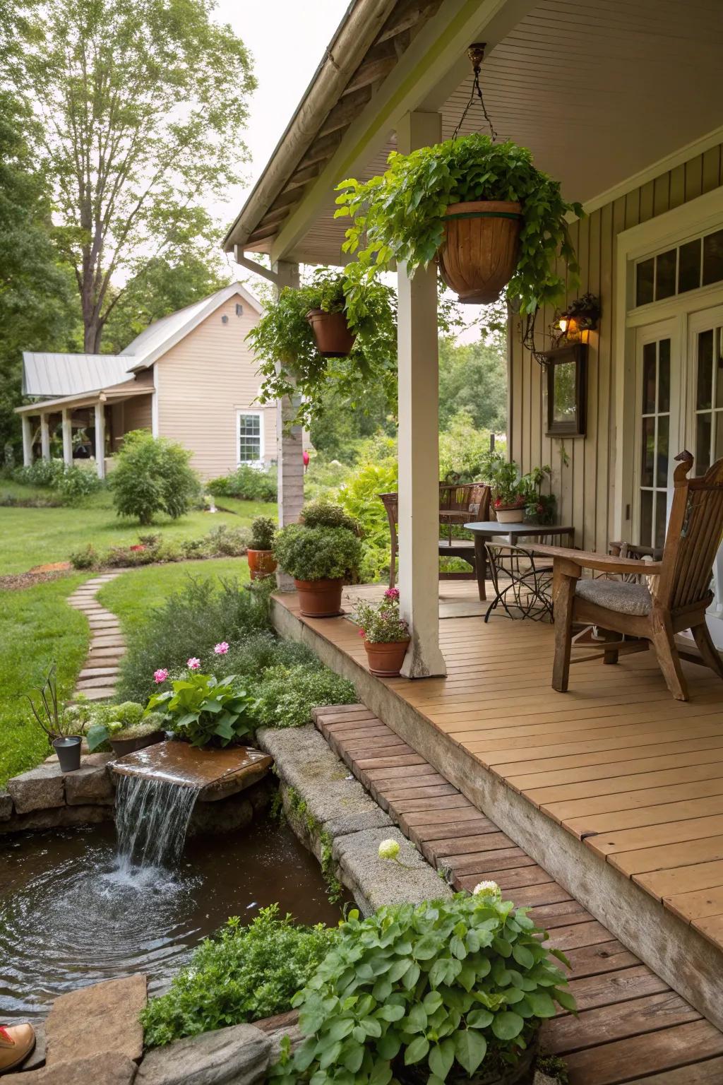 A water feature creates a tranquil oasis on this farmhouse porch.