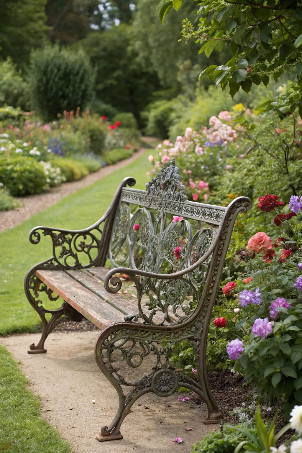 A vintage ironwork bench adding elegance to garden blooms.