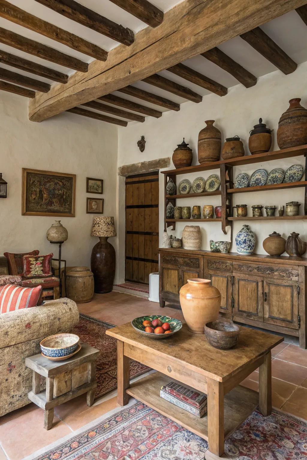 Earthenware and stoneware contribute natural colors and rural charm to interiors.