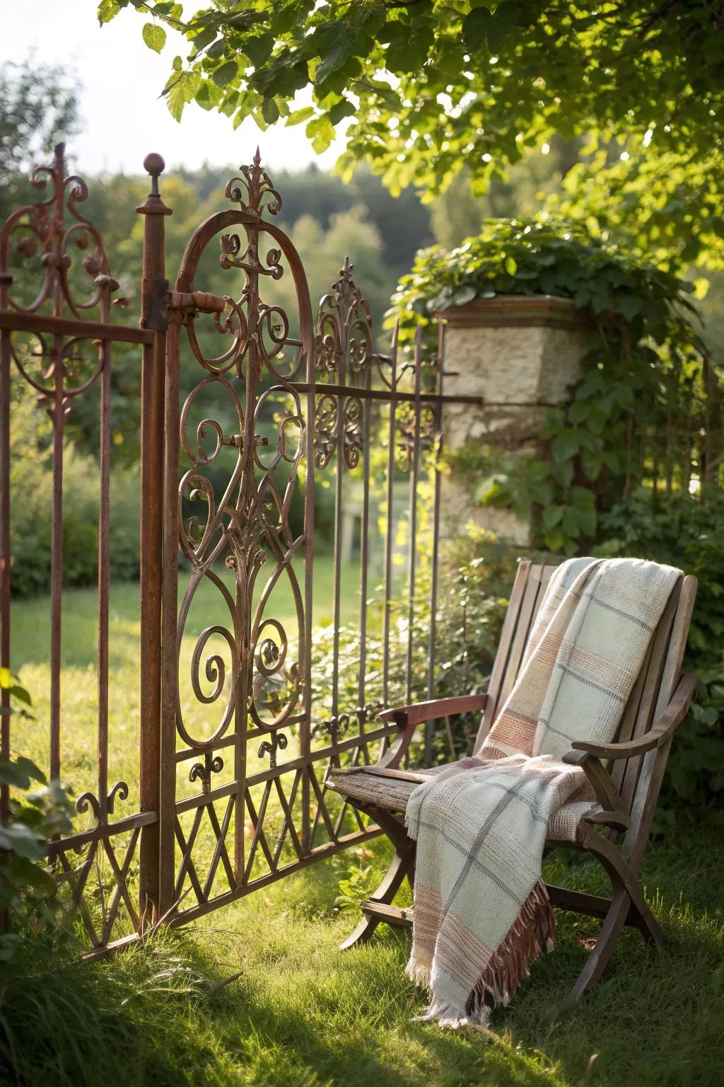 Discover serenity with a rustic metal fence that transforms your garden into a cozy retreat.