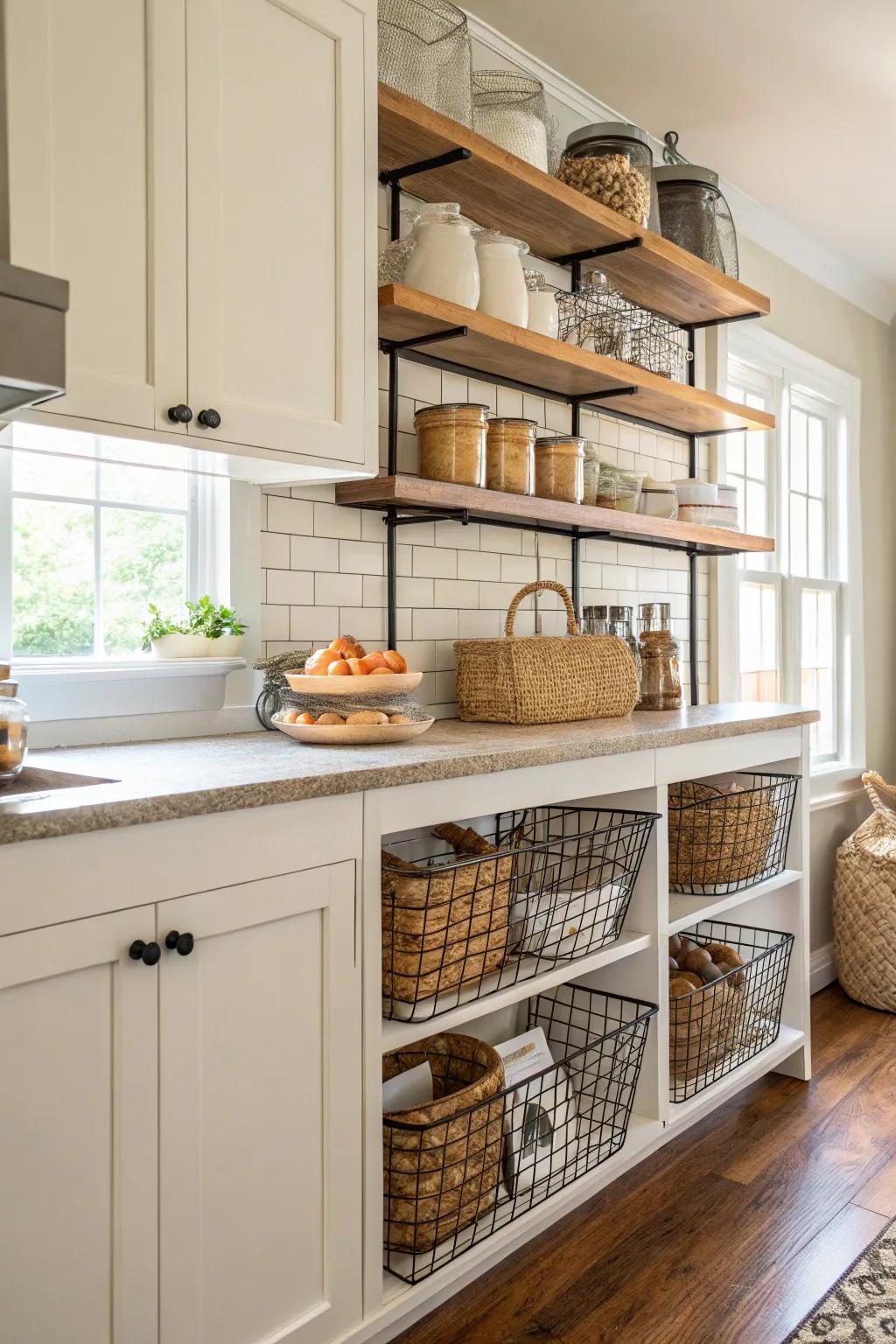 Wire baskets offer practical storage with a farmhouse flair.