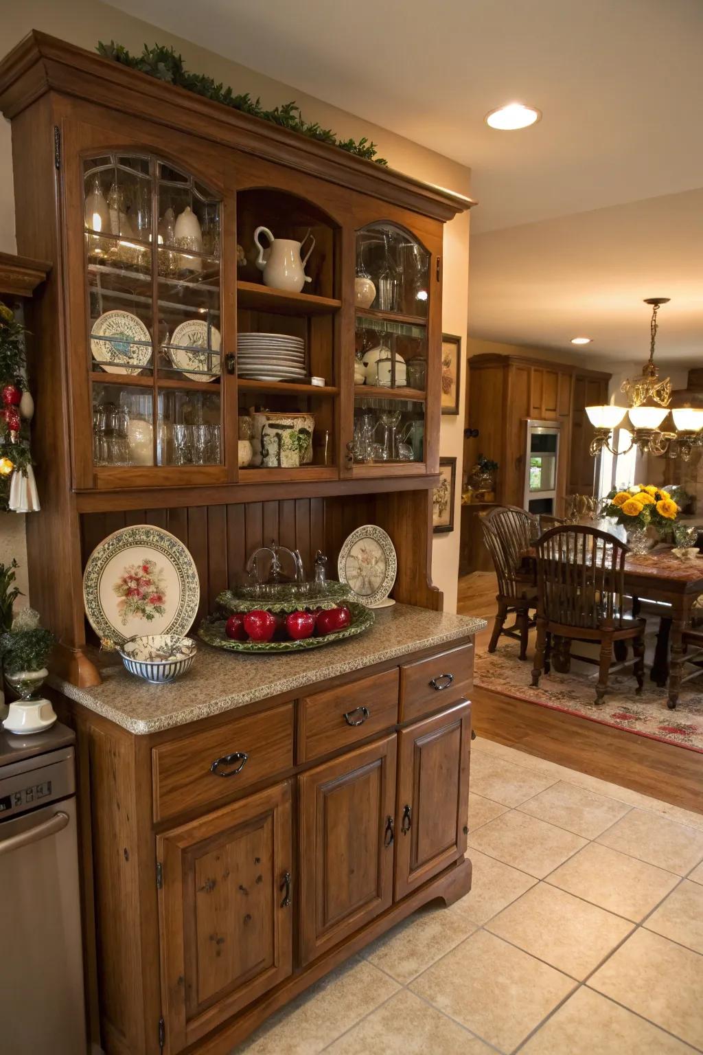An antique storage cabinet ensures storage and style in a rustic kitchen.