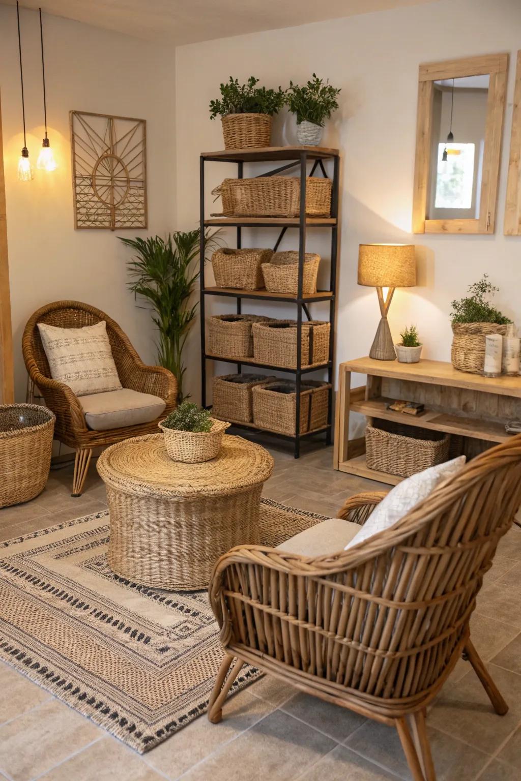 Woven rattan accents enhance the natural charm of the space.