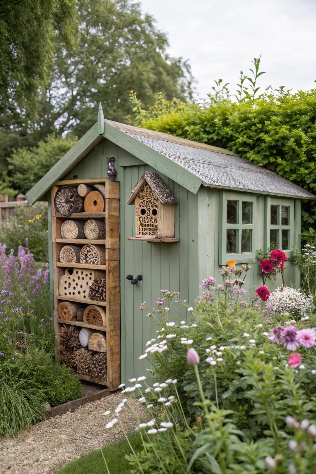 A wildlife-supportive shed attracting nature's visitors.