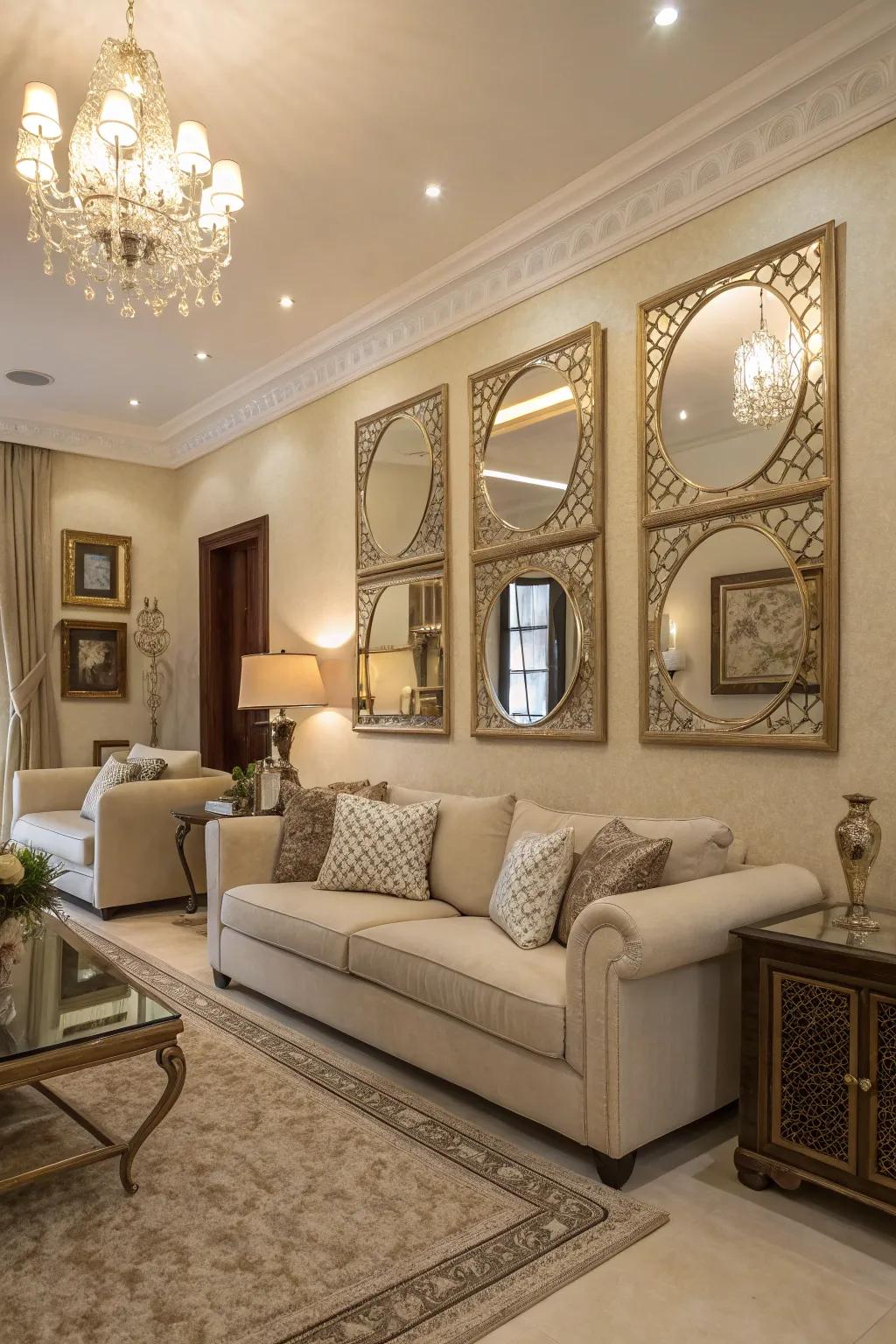 Decorative mirrors enhance light and expand the living space.