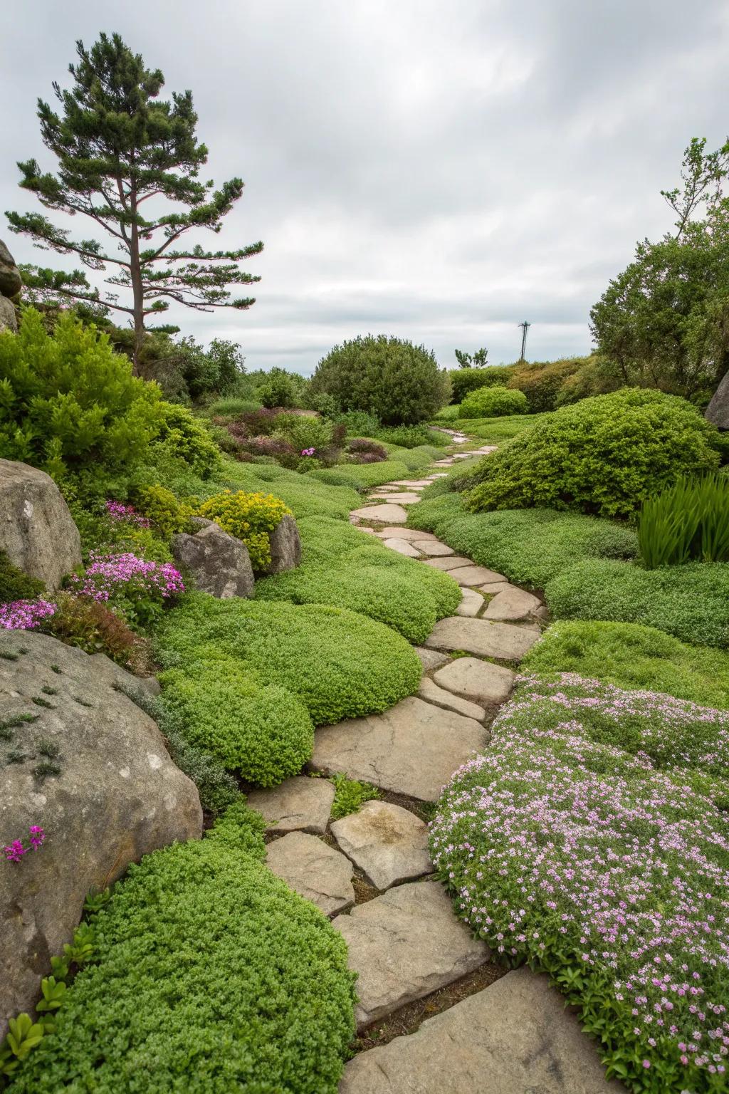 Textured ground covers add lushness and reduce maintenance.