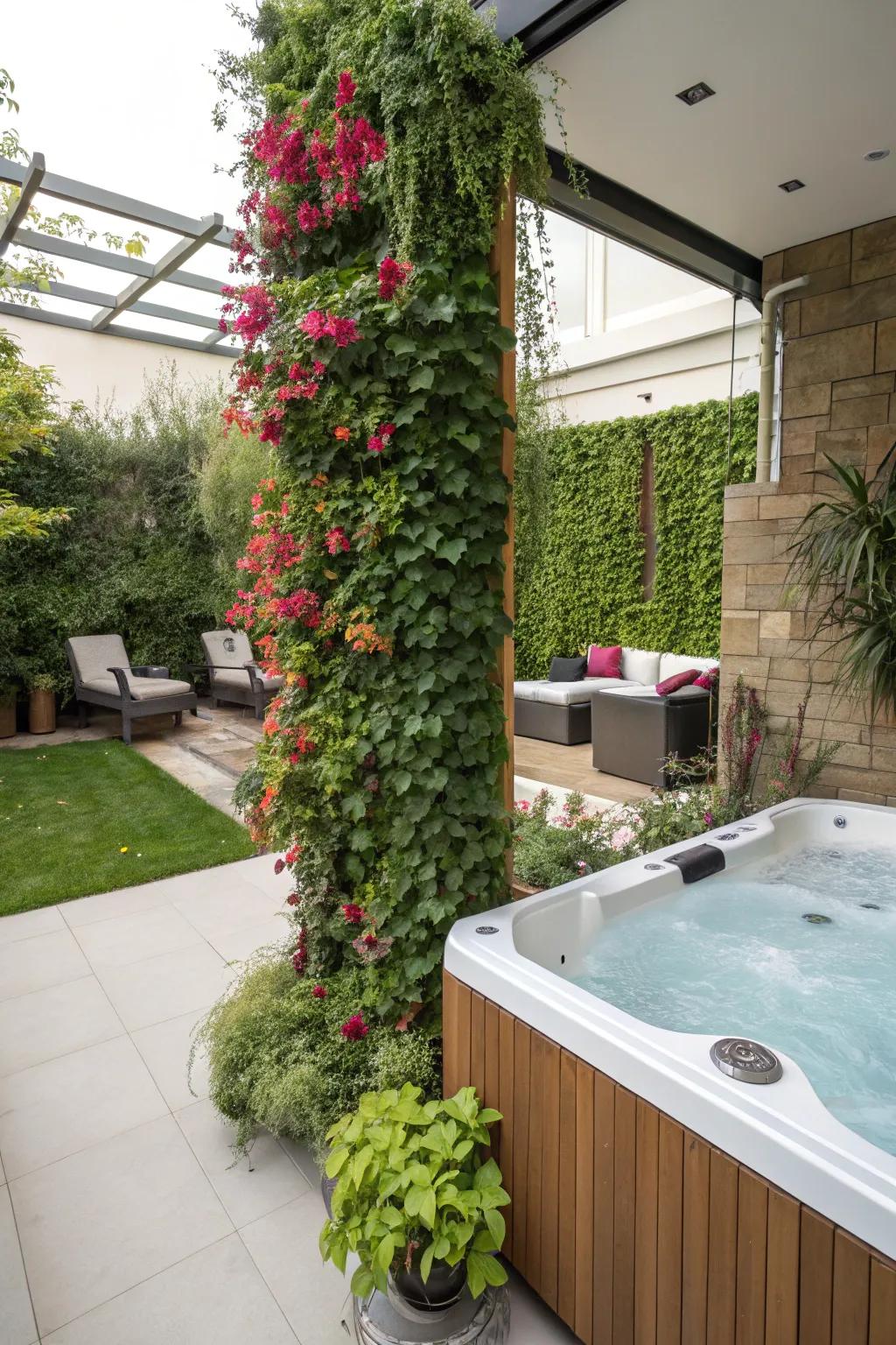 A spa area with a vertical garden and climbing plants, adding depth and abundance.