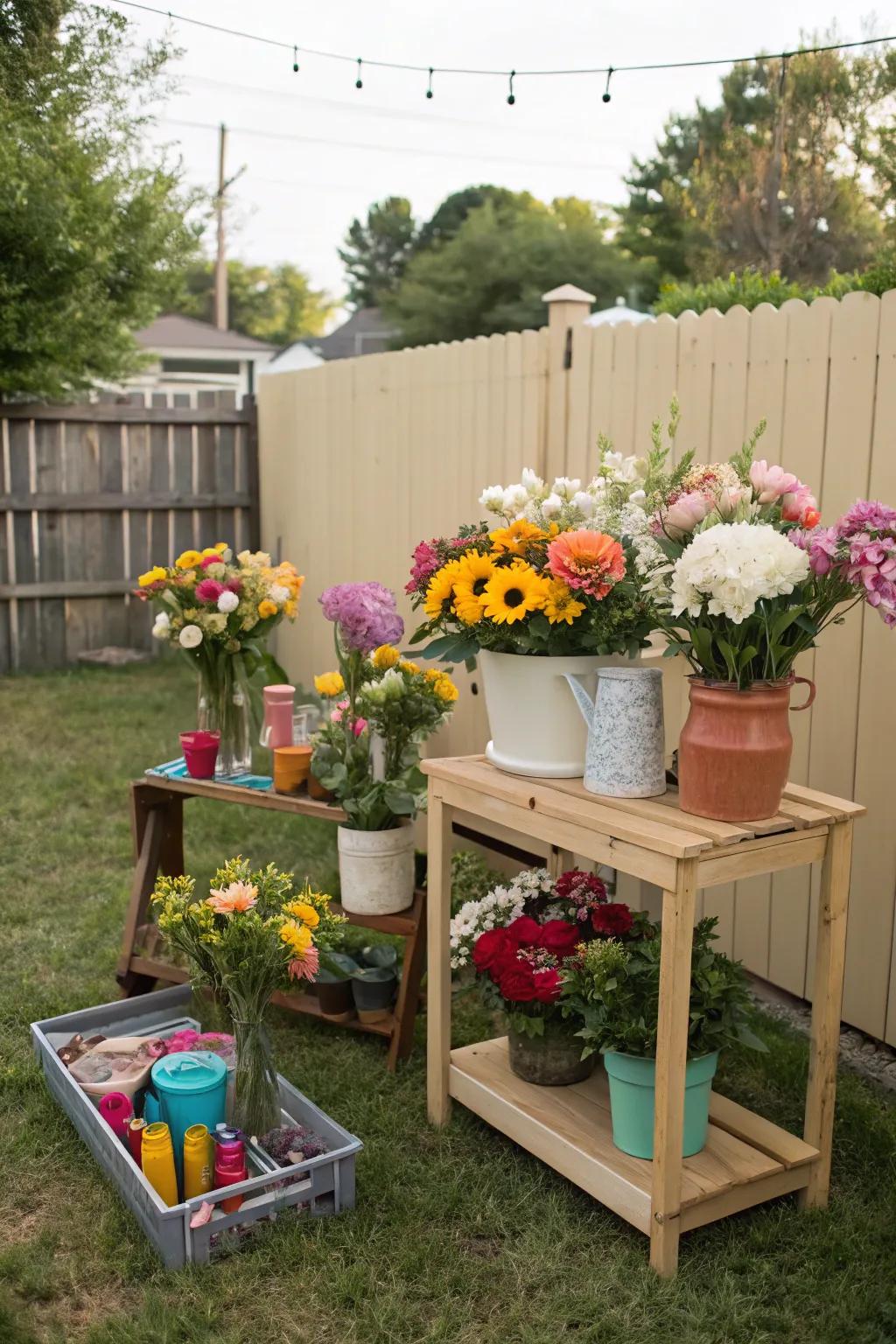 A creative flower arranging workshop in the backyard