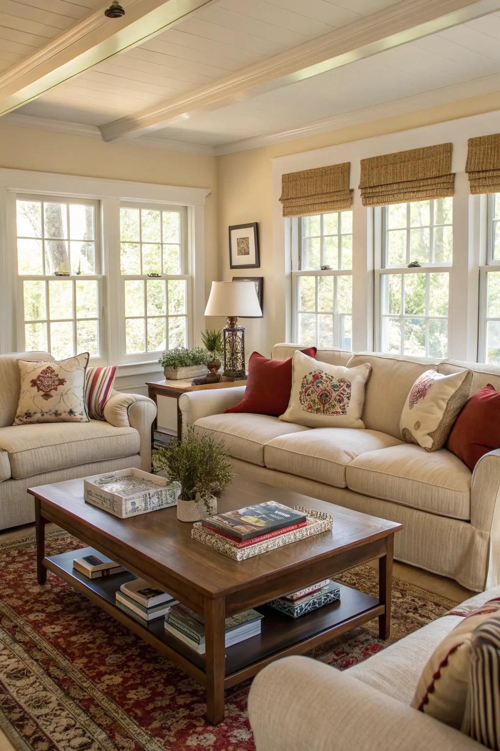 Low-profile furniture maintains openness in compact spaces.