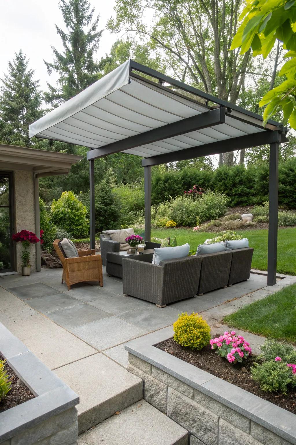 A canopy adds shade and defines the patio area.