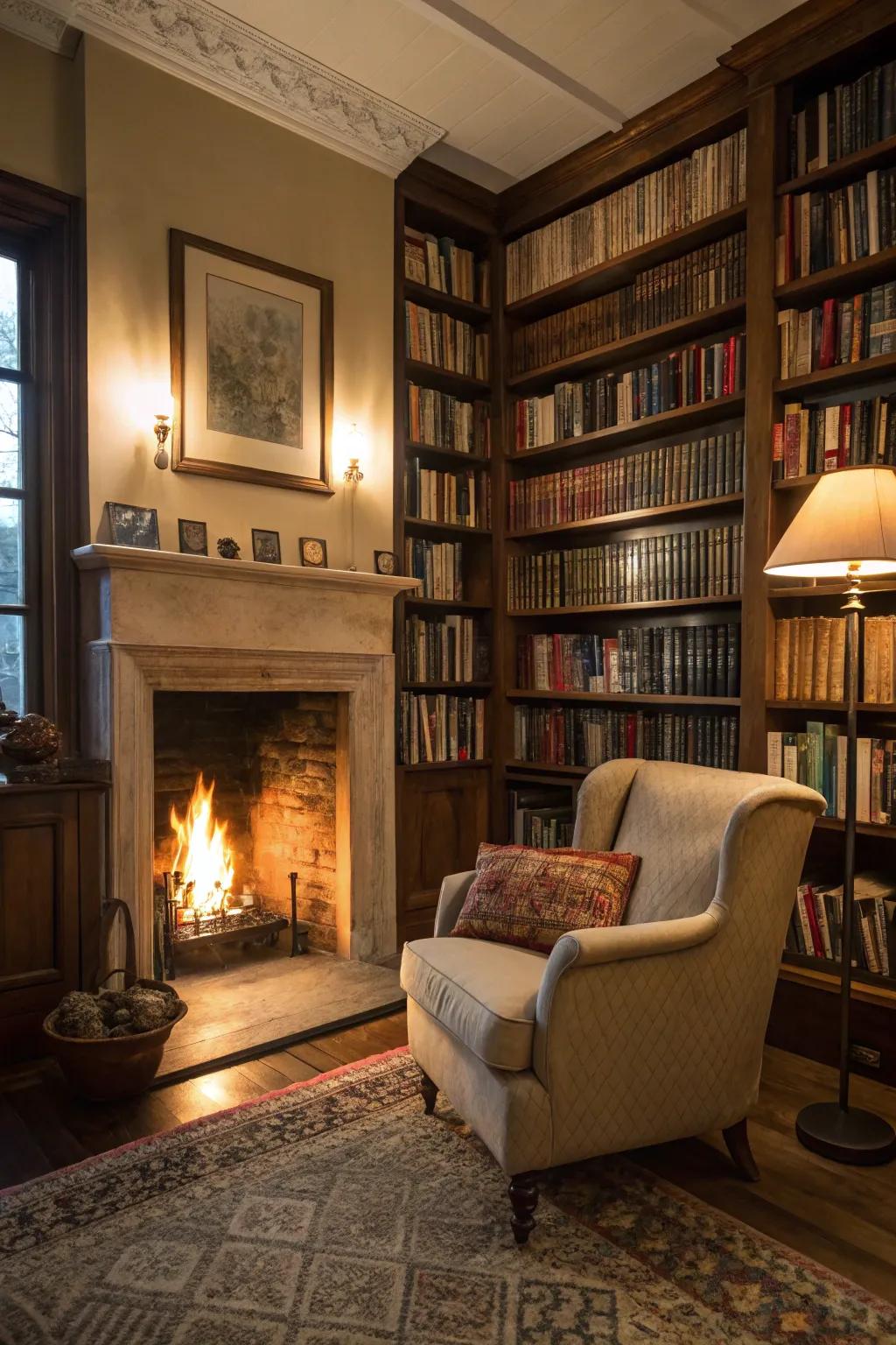 A fireplace adds warmth and ambiance to your library.