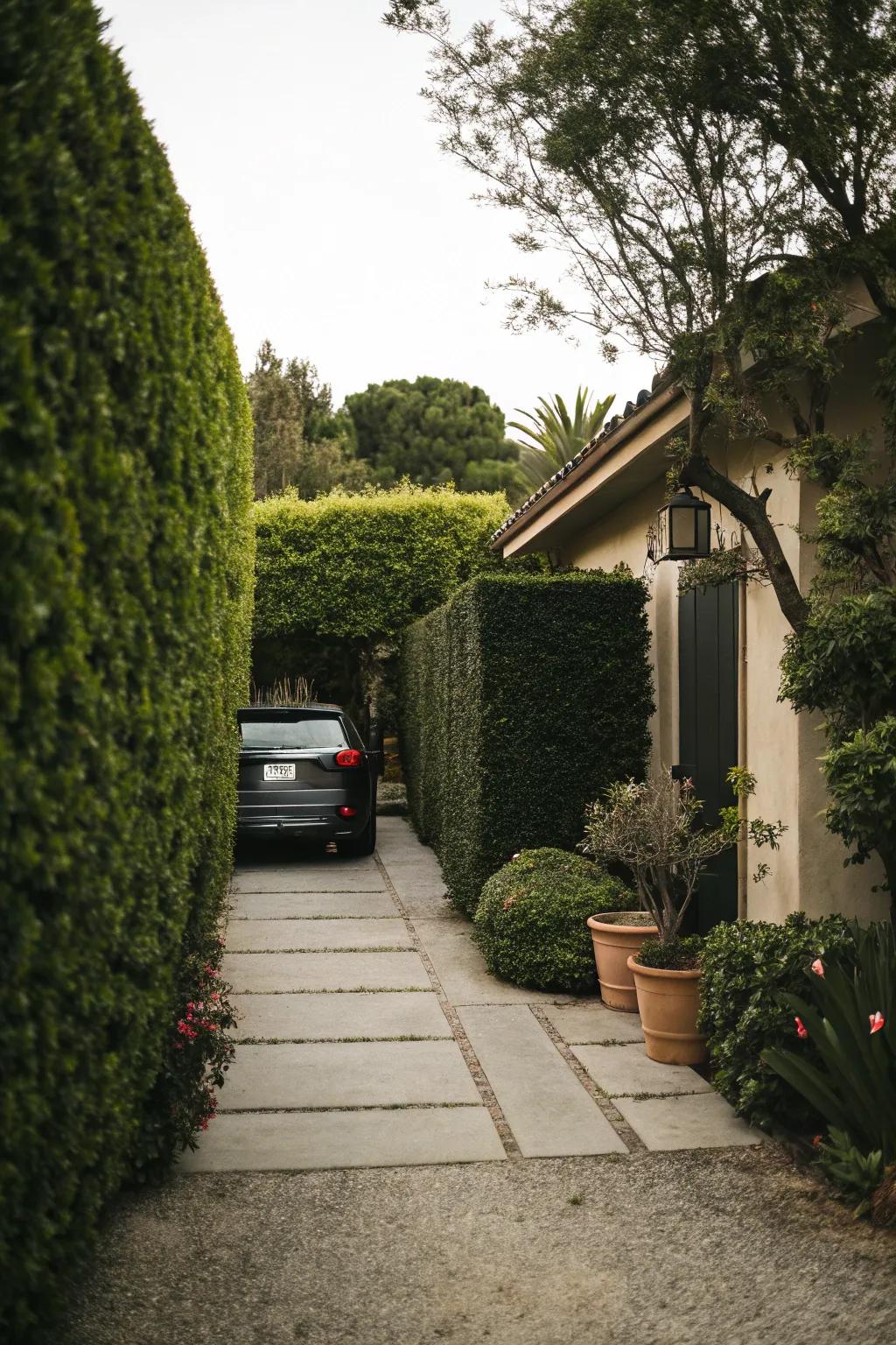 Hedges create a hidden oasis while providing parking.