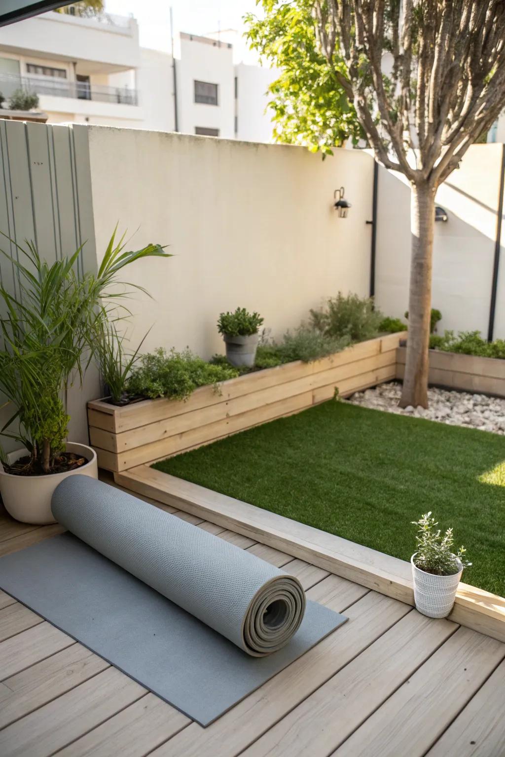 Transform your patio into a tranquil oasis with versatile artificial grass—a perfect blend of style and comfort for any activity.