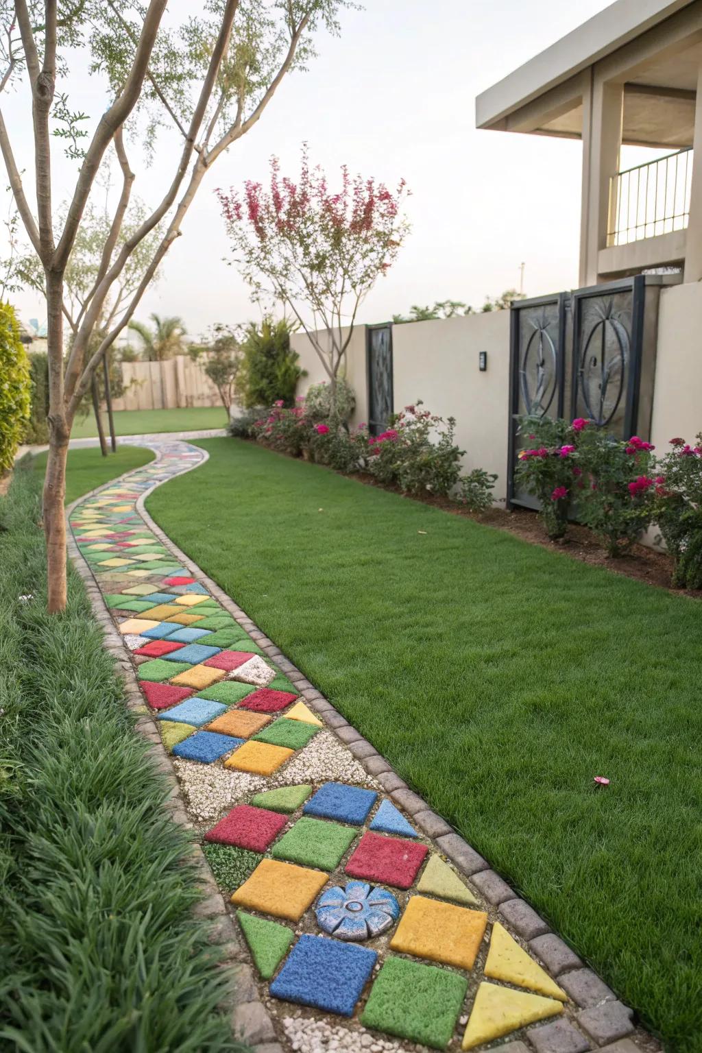 An artistic mosaic path integrated with artificial turf.